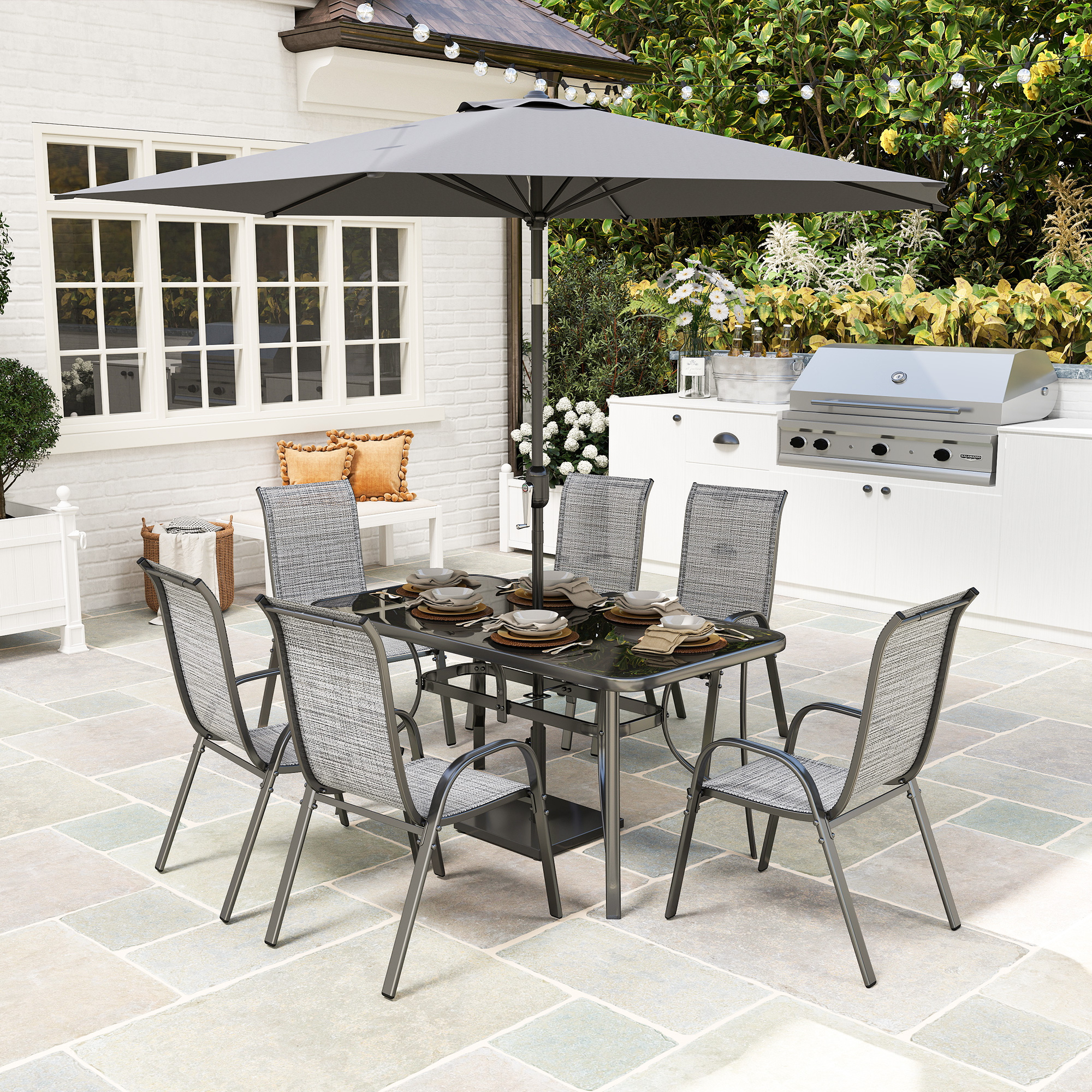 big gray umbrella patio table set 6 MFSTUDIO Dining for 6, Patio Furniture Set with Umbrella(Beige), Stackable Chairs, 1 Steel Frame Slat Large Rectangular and 1 13ft Umbrella(Base Not Included) : Patio, Lawn & Garden The Outsunny 8 piece outdoor patio set consists of a tempered glass Outsunny 8 Pieces Patio Furniture