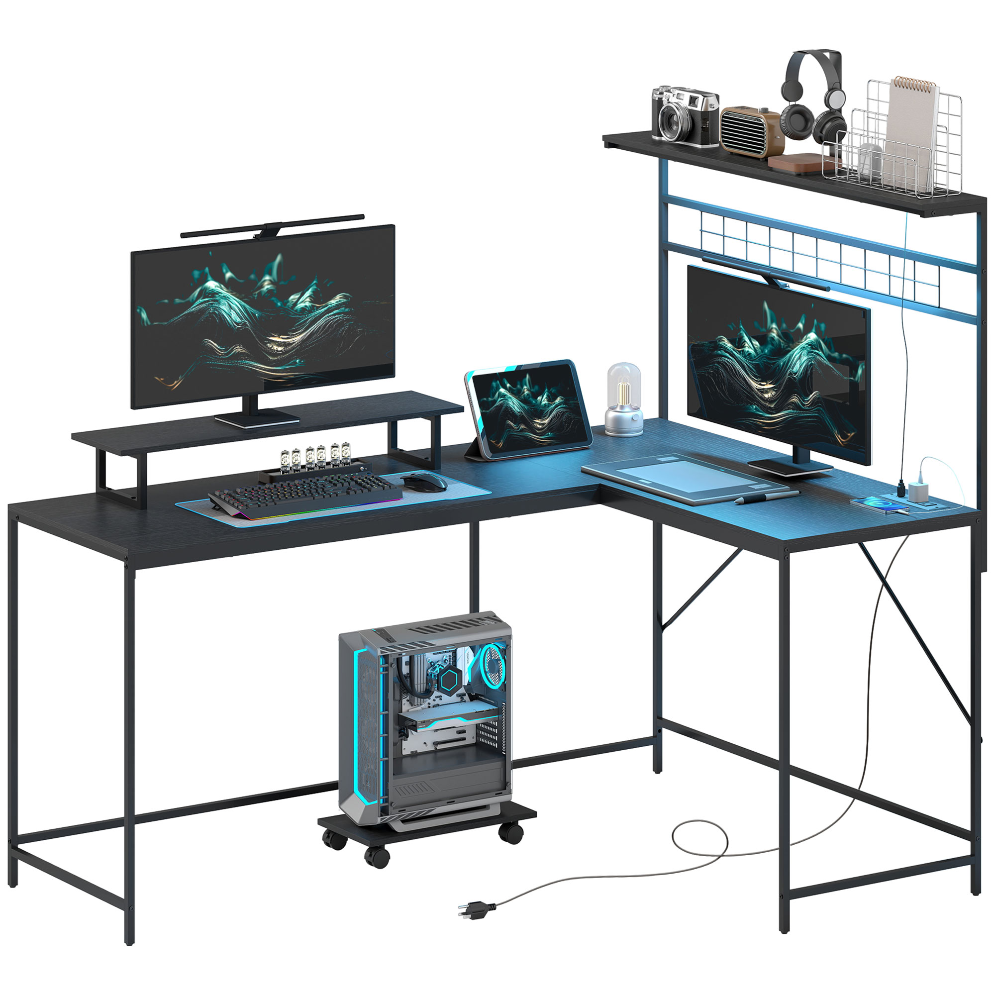 HOMCOM 61.6" L Shaped Gaming Desk with Power Outlets & LED Lights, Computer Desk with Monitor Stand and CPU Shelf, Black | Aosom.com