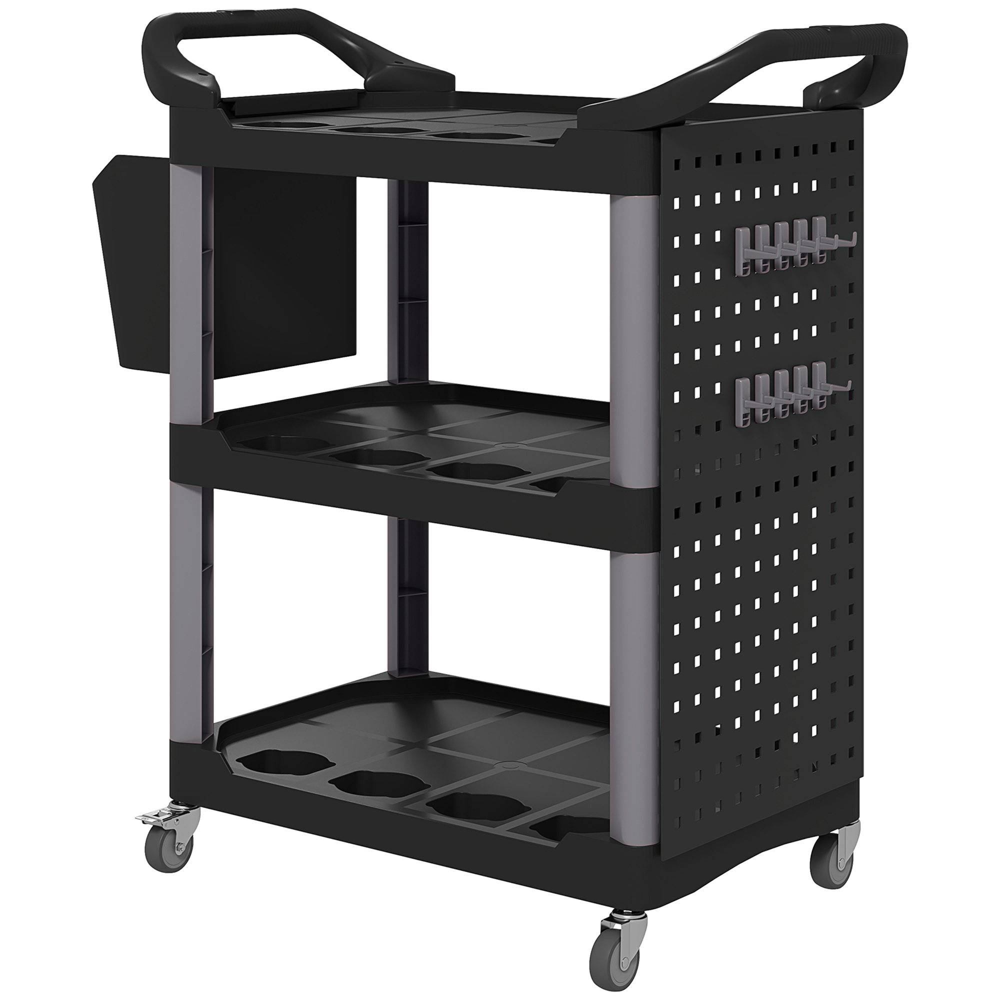 HOMCOM 3-Tier Rolling Tool Cart, 200 LBS Capacity Plastic Utility Cart with Side Shelf and Bucket, Black and Light Gray | Aosom.com