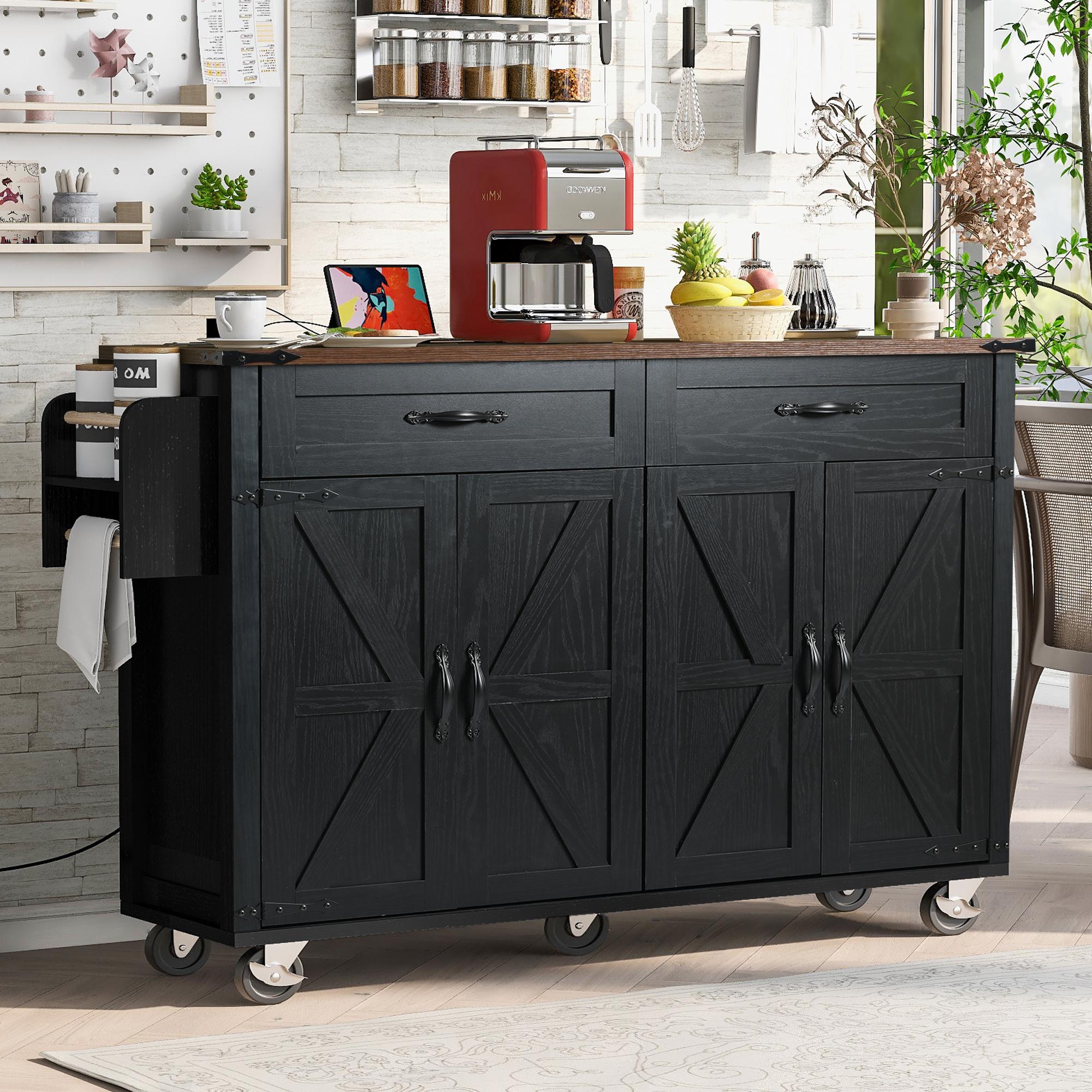 Farmhouse Kitchen Island with Storage Drawers, Power Outlet, Drop Leaf, Spice Rack, Rolling Cart on Wheels, 53.5" L x 29" W x 36.5" H, Black