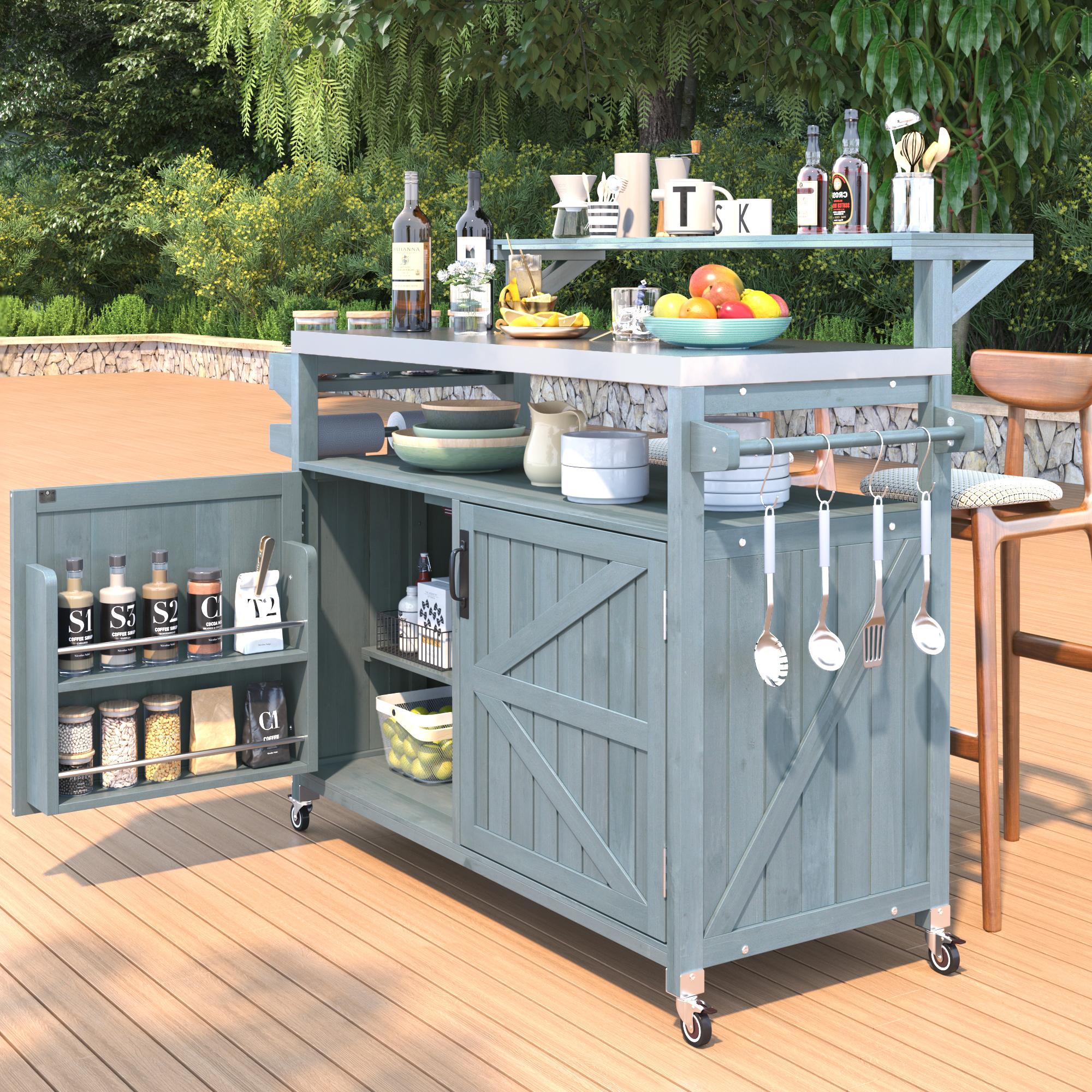 Outdoor Kitchen Island with Raised Shelf, Storage Cabinet, Stainless Steel Top, Rolling Grill Cart with Adjustable Shelves, Spice Rack, Grey+Blue