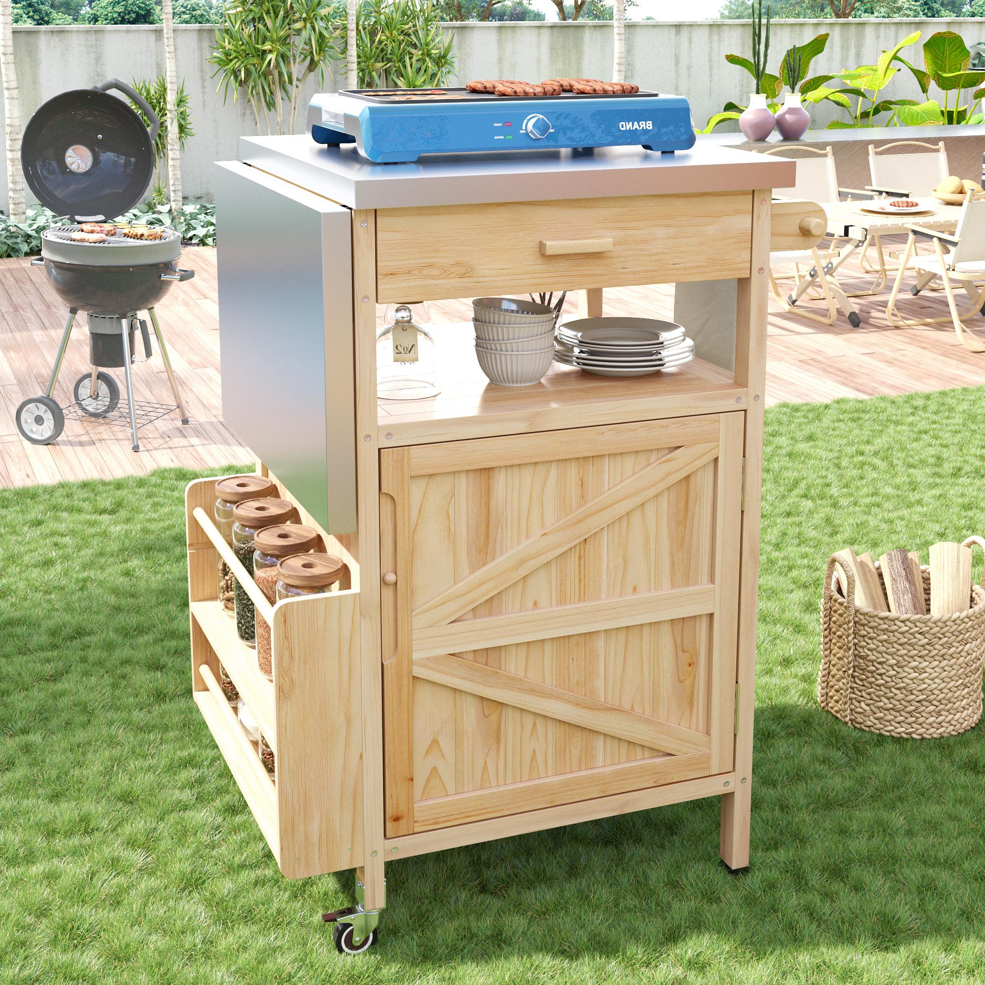 Barbecue Grill Cart with Stainless Steel Top, Storage Cabinet, Drop Leaf, Drawer, Towel Rack, Lockable Wheels, Natural | Aosom.com
