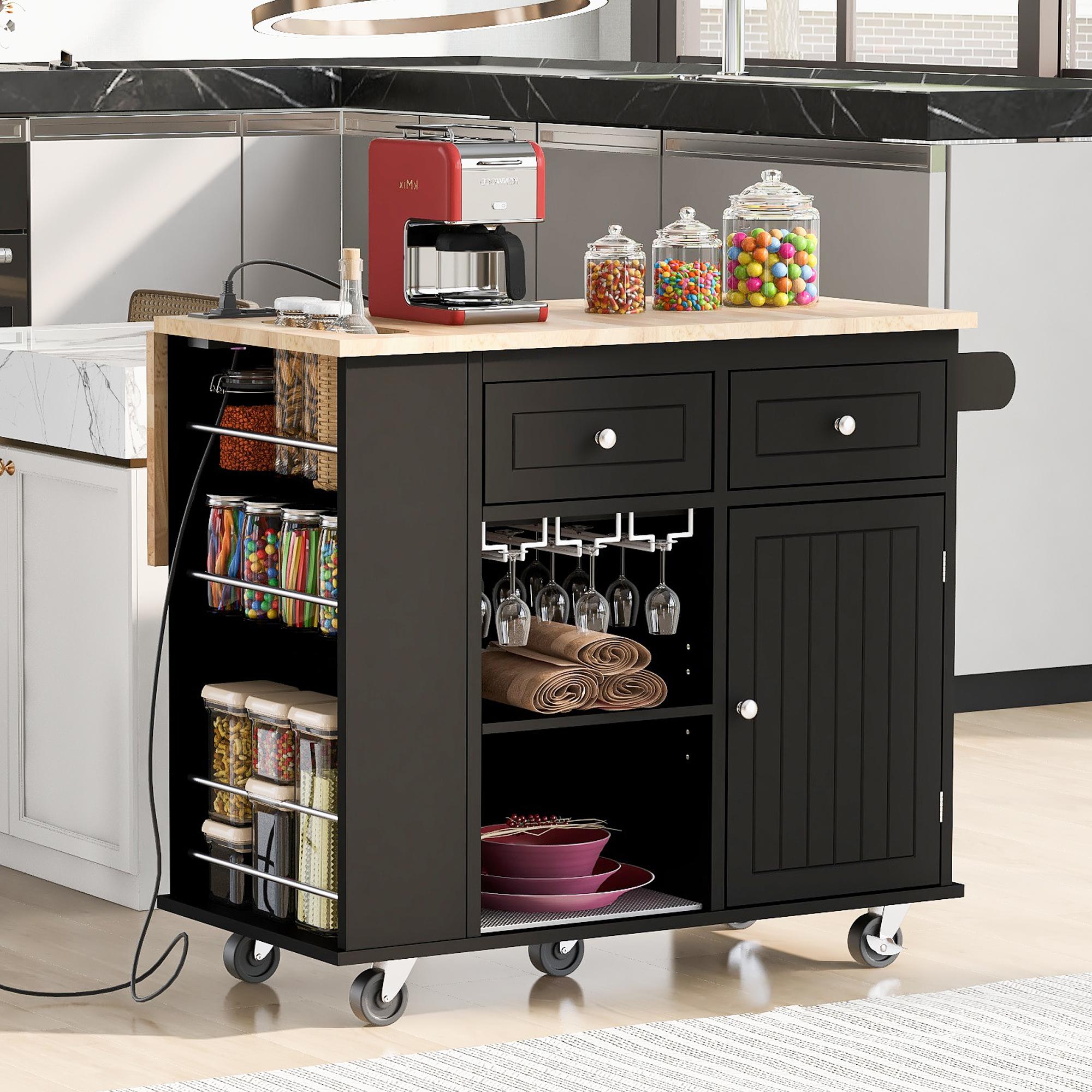 Kitchen Cart with Power Outlet, Drop Leaf, Wine Rack, Adjustable Shelves, Central Island with Lockable Wheels, 40" L x 29.5" W x 34" H, Black