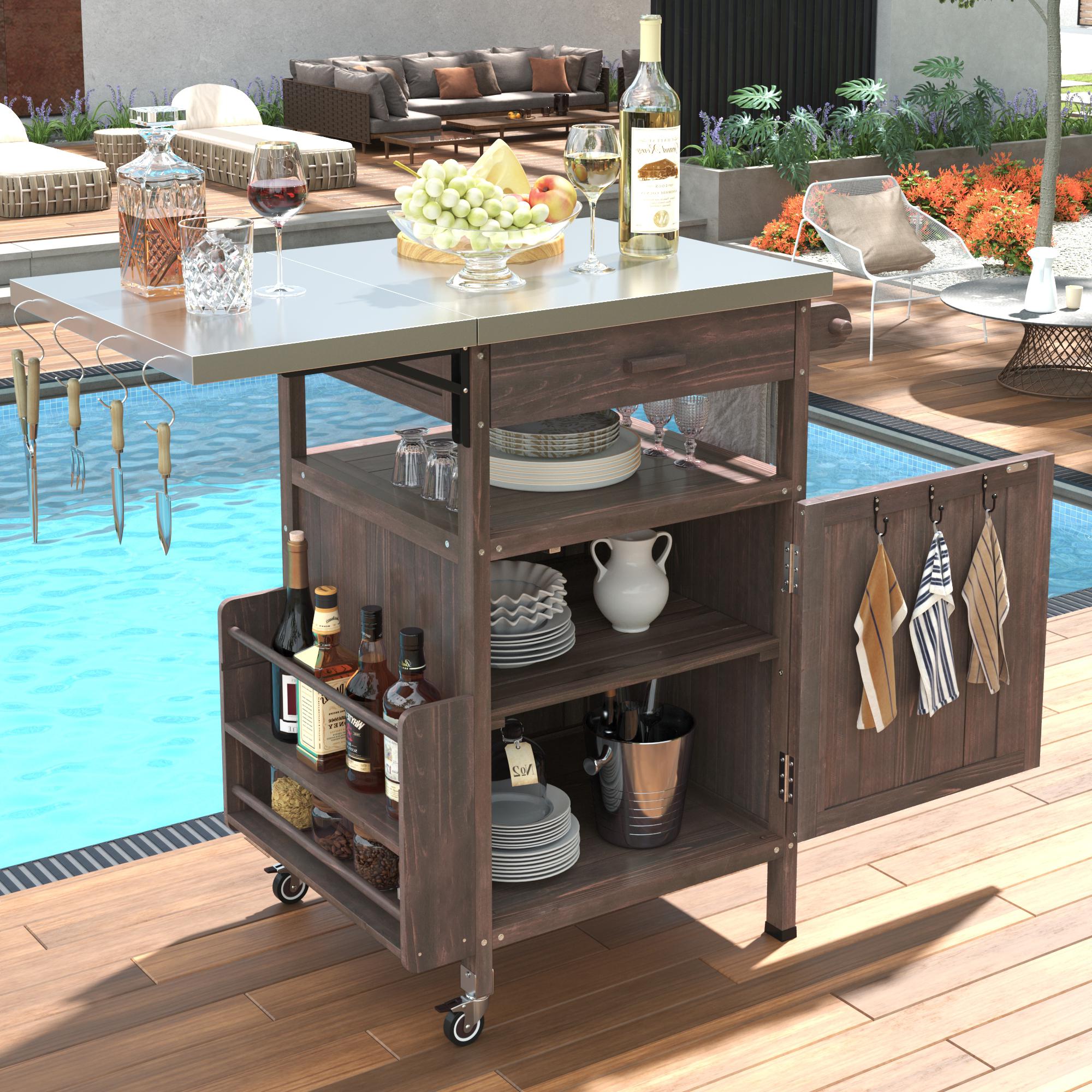Outdoor Grill Cart with Stainless Steel Top, Storage Cabinet, Drop Leaf, Drawer, Towel Rack, Lockable Wheels, 40.5" L x 21" W x 36.3" H, Brown