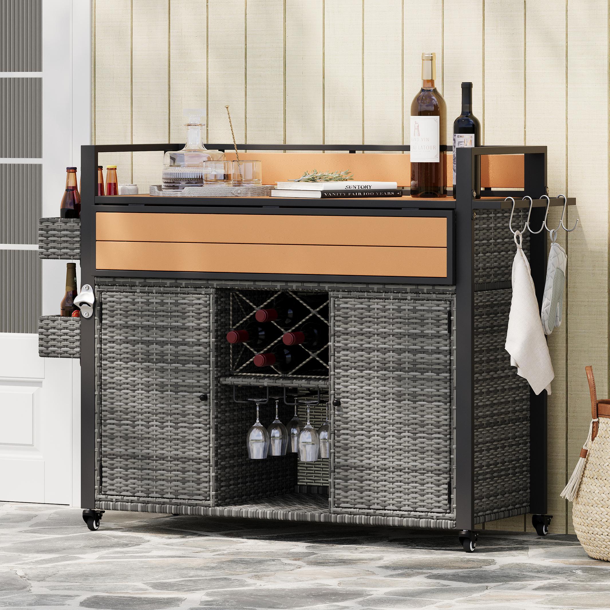 Outdoor Grill Cart with Extended Table Top, Kitchen Island on Wheels with Storage Cabinet, Double Handle, Gray | Aosom.com