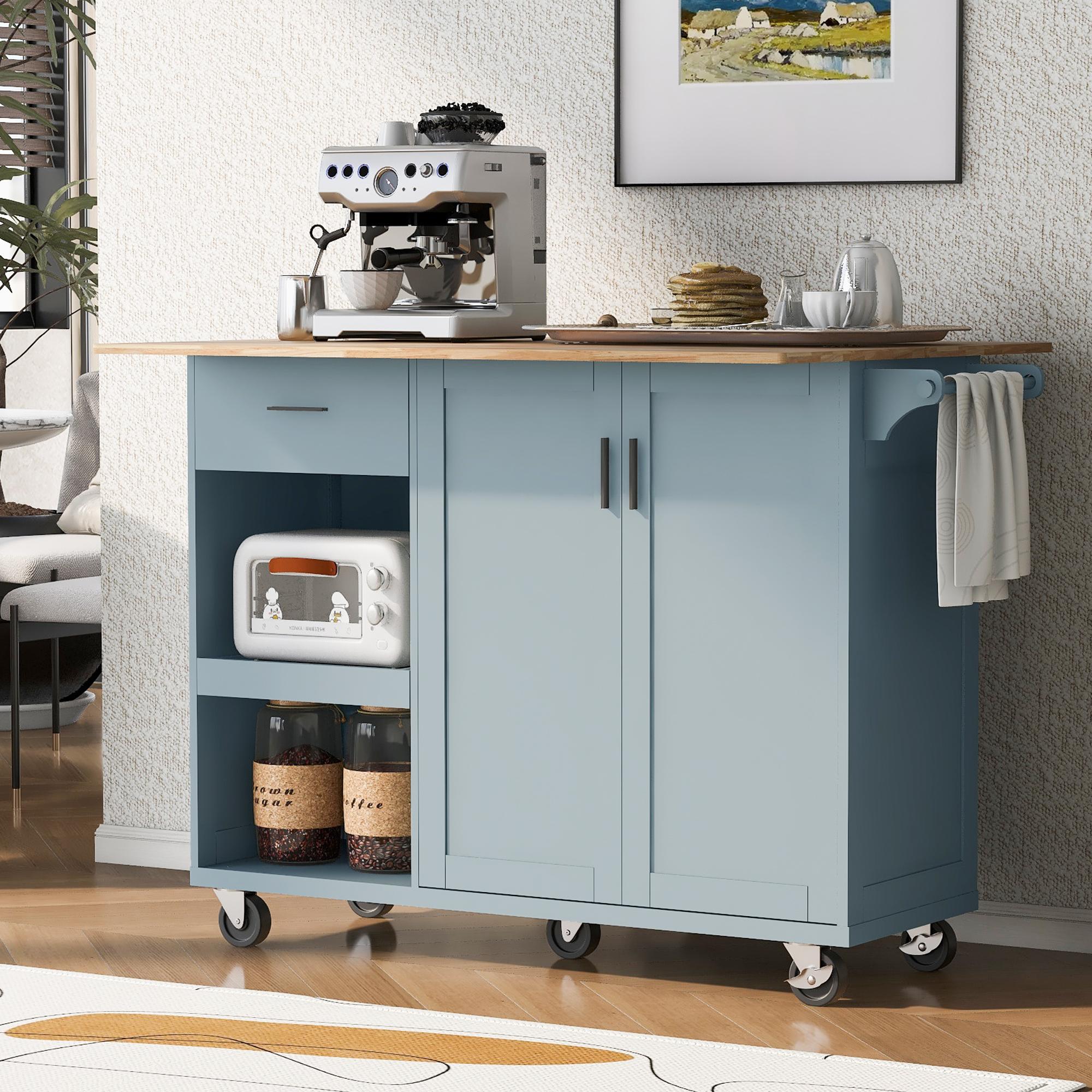 Rolling Storage Cart with Spice and Towel Rack, Kitchen Island with Drop Leaf, Adjustable Shelves, 53.5" L x 27.5" W x 36.5" H, White | Aosom.com