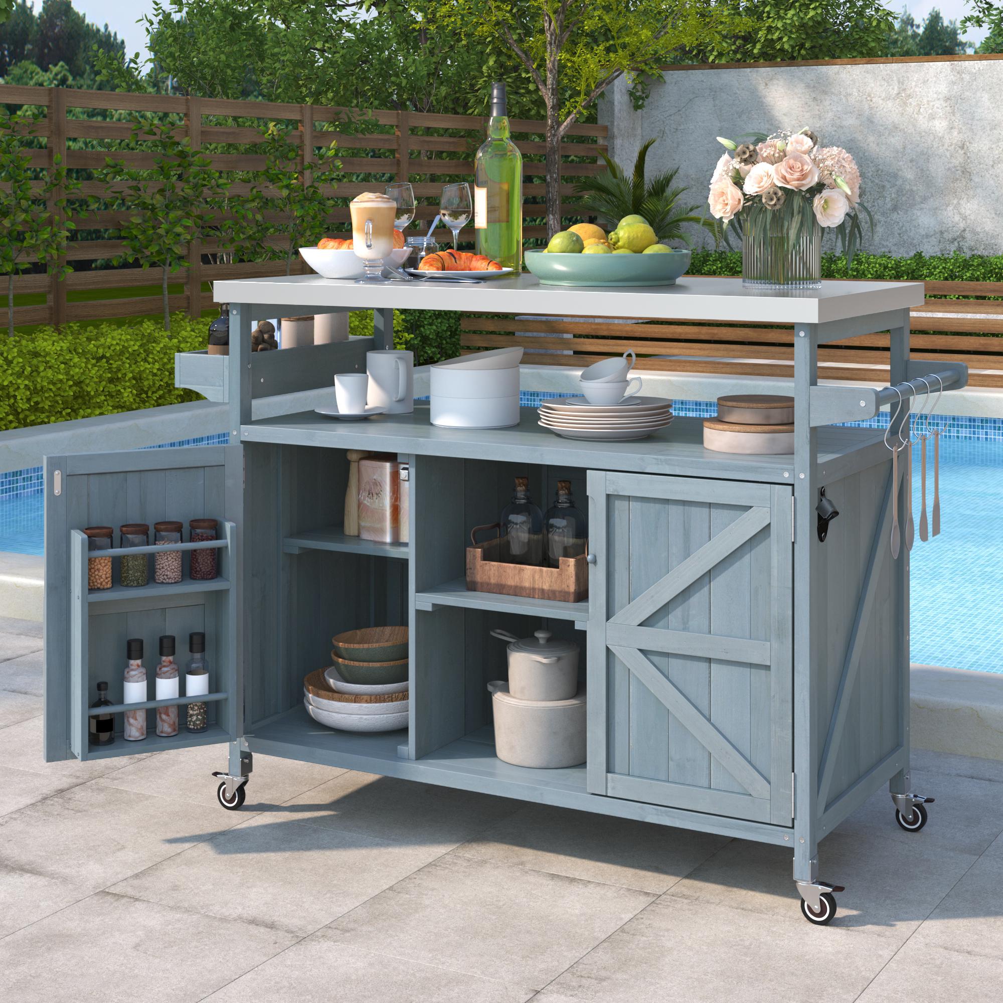 Outdoor Kitchen Island with Spice and Towel Rack, Lockable Wheels, Rolling Bar Cart with Stainless Steel Top, 50" L x 18.5" W x 36.5" H, Slate Blue
