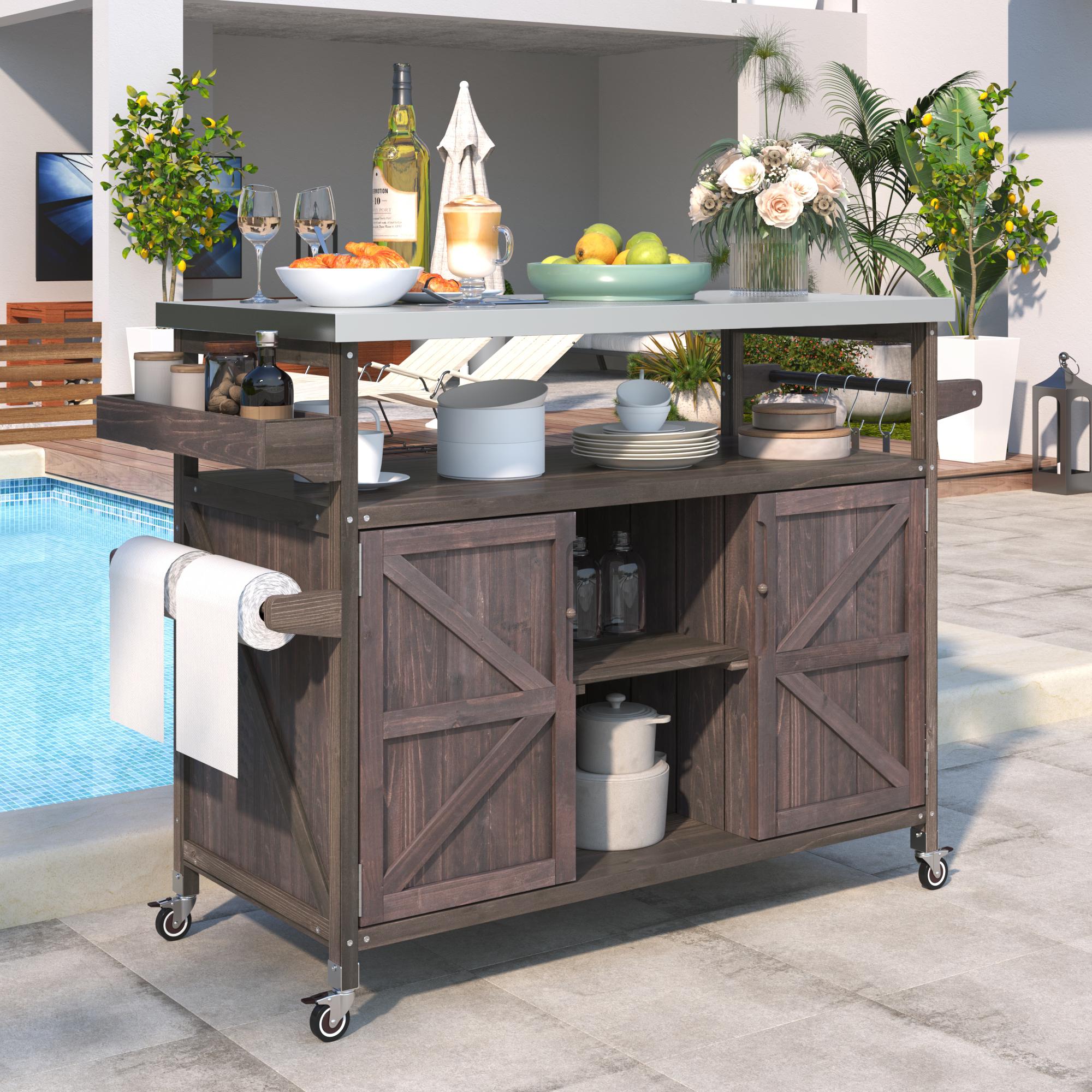 Outdoor Kitchen Island with Spice and Towel Rack, Stainless Steel Top, Rolling Bar Cart with Lockable Wheels, 50" L x 18.5" W x 36.5" H, Dark Brown