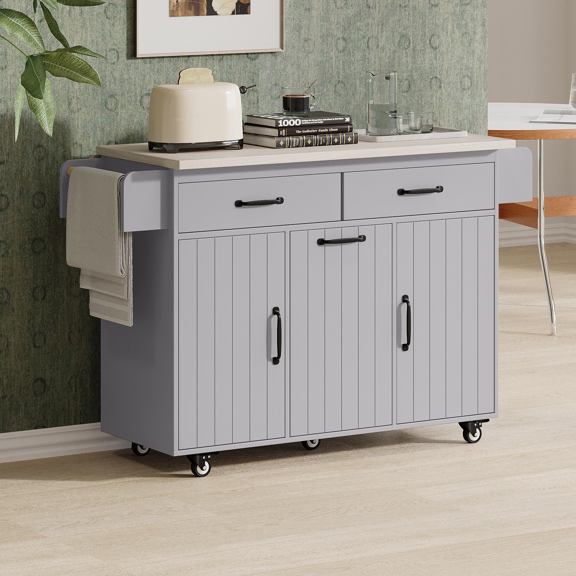 Kitchen Cart with Trash Can Storage, Drop Leaf, Adjustable Shelf, Utility Island with Spice and Towel Rack, 51" L x 31.5" W x 35" H, Gray