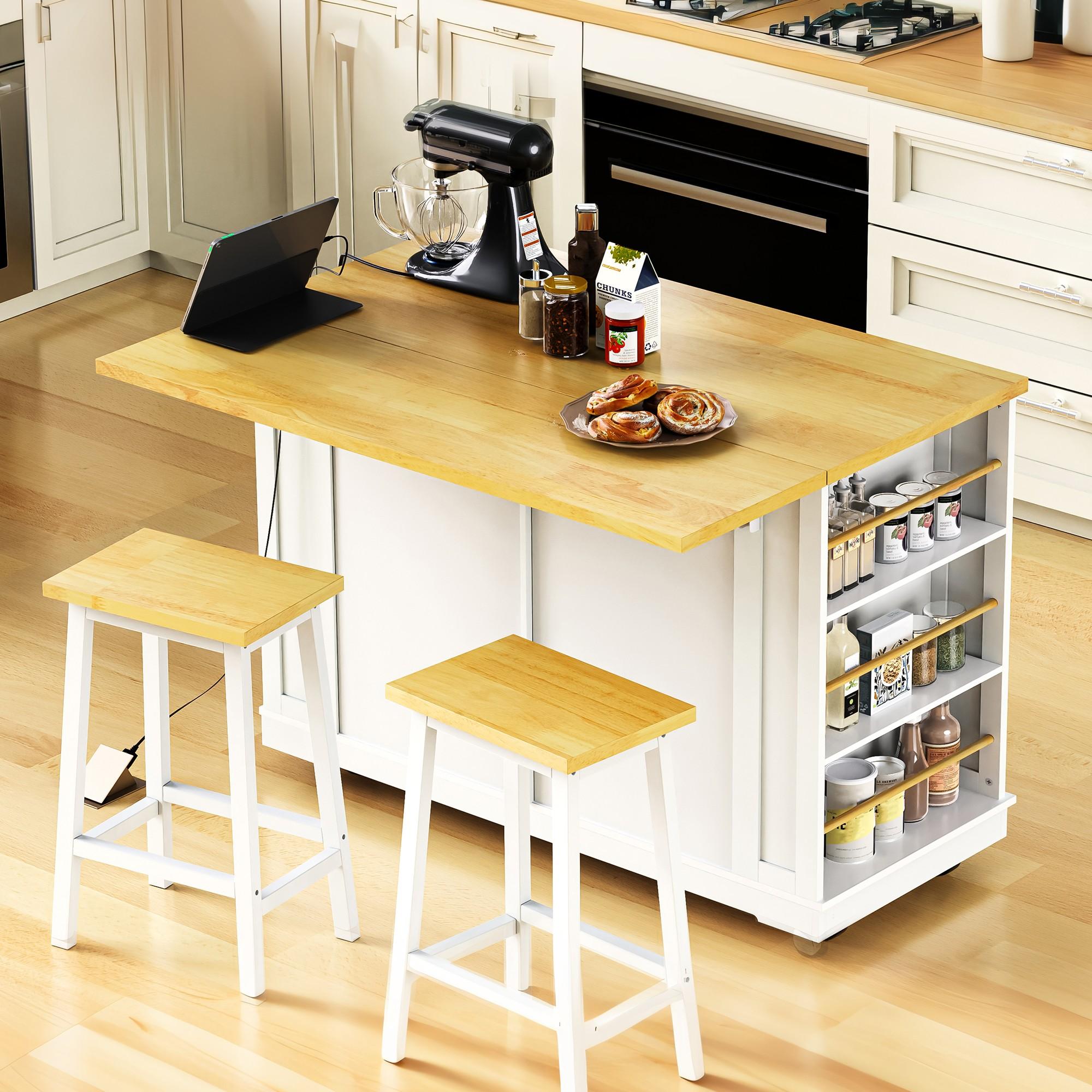 Kitchen Island with 2 Bar Stools, Power Outlet, Internal Rack, 5 Wheels, Drop Leaf, 2 Drawers, Adjustable Shelves, 48" L x 29.5" W x 37" H, White