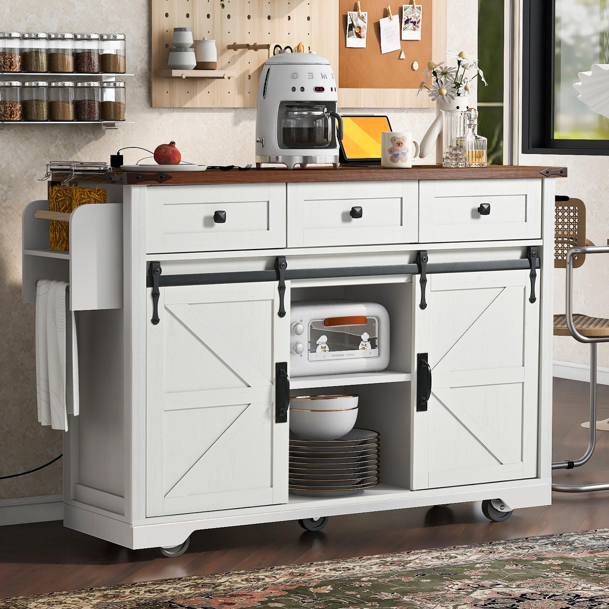 Farmhouse Kitchen Island with 2 Sliding Barn Doors, Power Outlet, Drop Leaf, Spice Rack, Rolling Cart on Wheels, 54" L x 29" W x 37" H, White