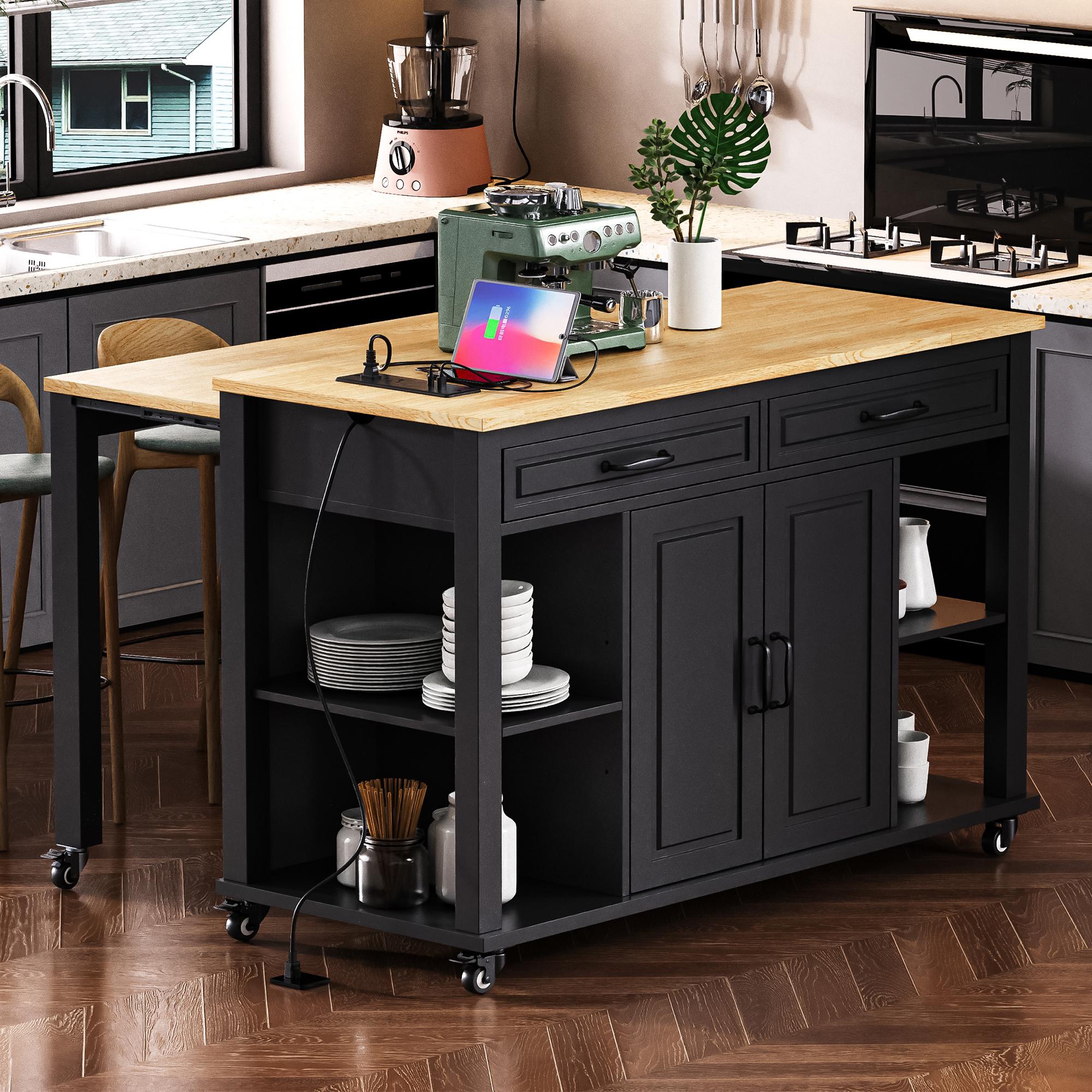 Kitchen Island with Dual Drop Leaf, Power Outlet, Adjustable Shelves, Utility Island with Spice Rack, 56" L x 34" W x 36.5" H, Green | Aosom.com