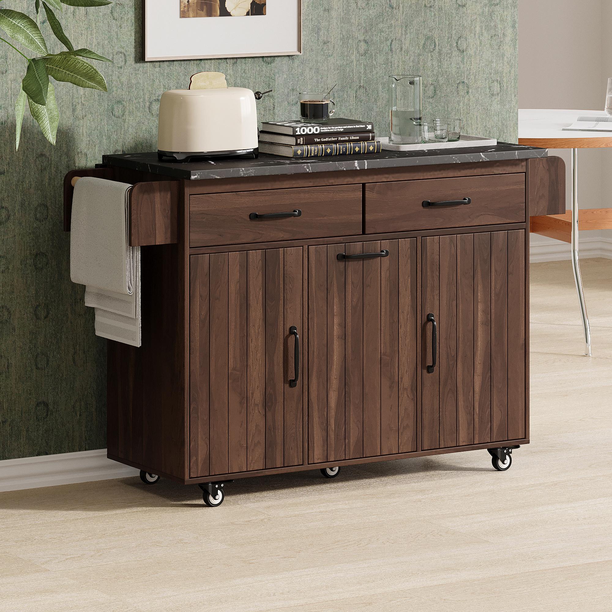 Kitchen Cart with Trash Can Storage, Drop Leaf, Spice and Towel Rack, Central Island with Rolling Wheels, 51" L x 31.5" W x 35" H, Walnut Brown