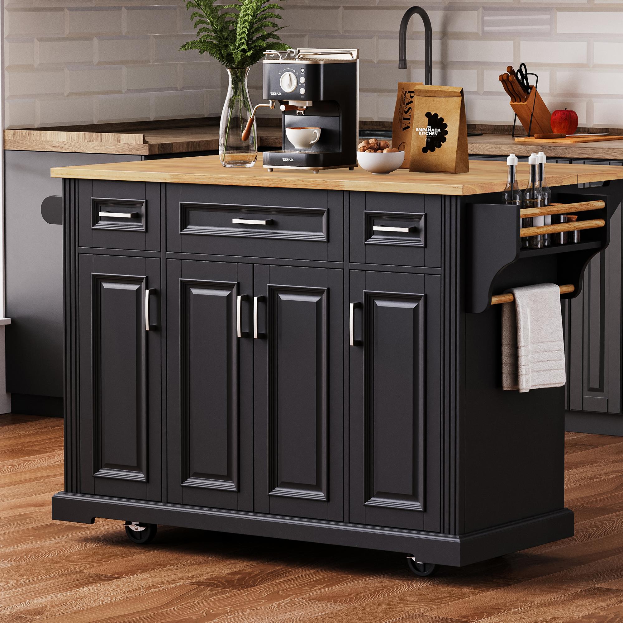 Kitchen Island Cart with Rubber Wood Drop Leaf, Embossed Texture, Rolling Cart with 4 Doors, 3 Drawers, Adjustable Shelves, Black