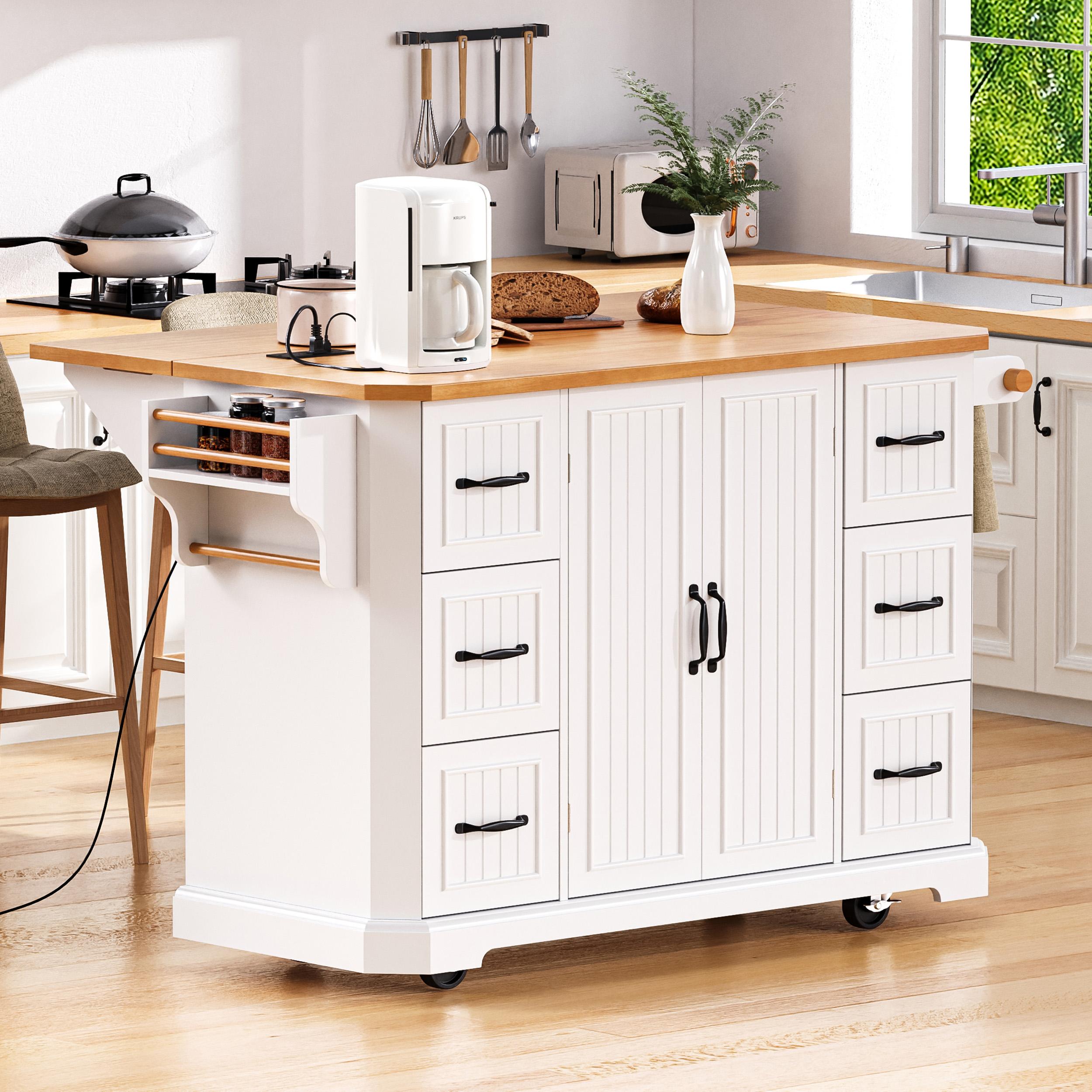 Kitchen Island with Power Outlet and Drop Leaf, 4 Door Shelves, Rolling Cart with Adjustable Shelves, Hidden Wheels, 55.5" L x 30" W x 36" H, White
