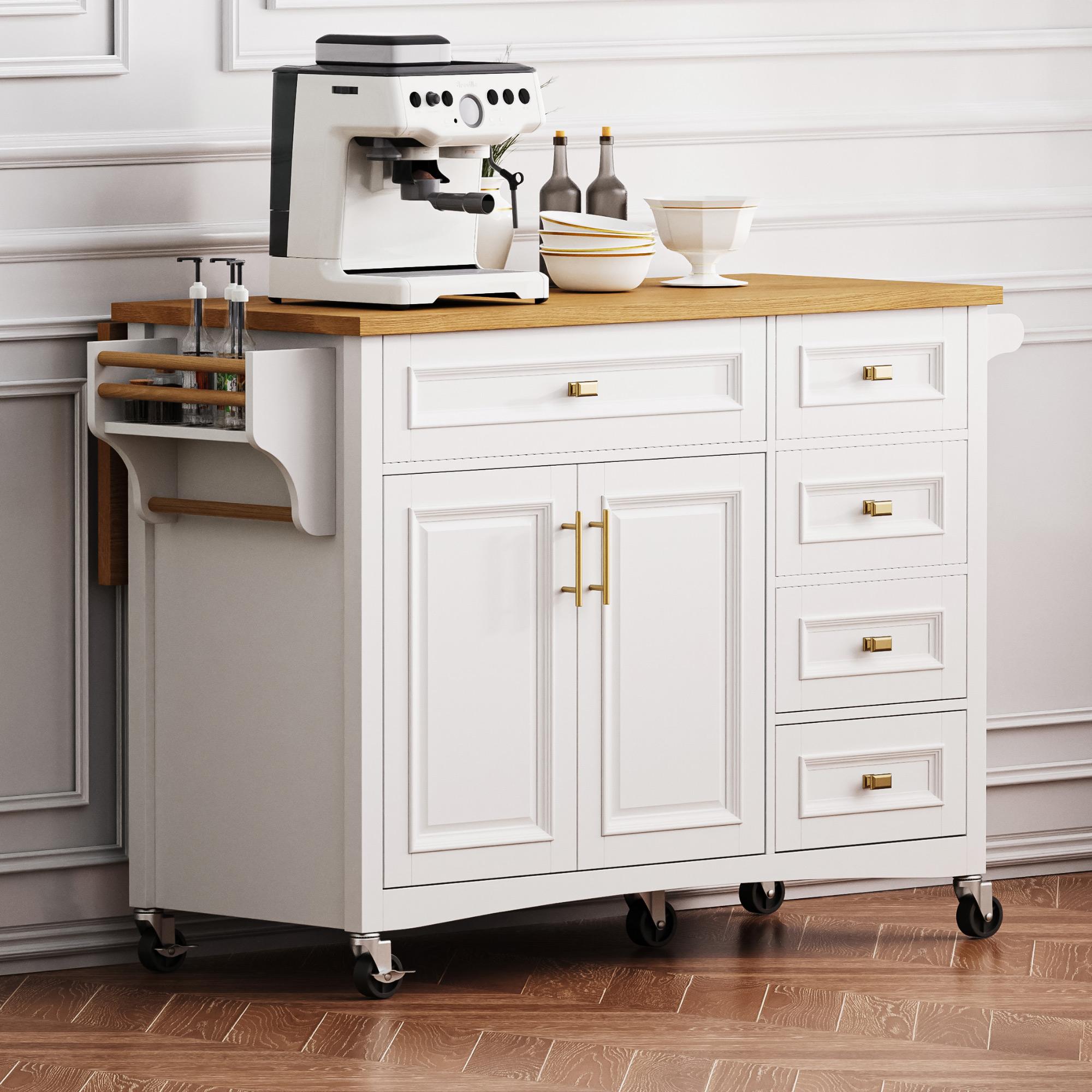 Kitchen Island with Spice Rack, Drop Leaf, Towel Rack, 2 Doors, 5 Drawers, Adjustable Shelf, Embossed Texture, 52" L x 29.5" W x 36" H, White