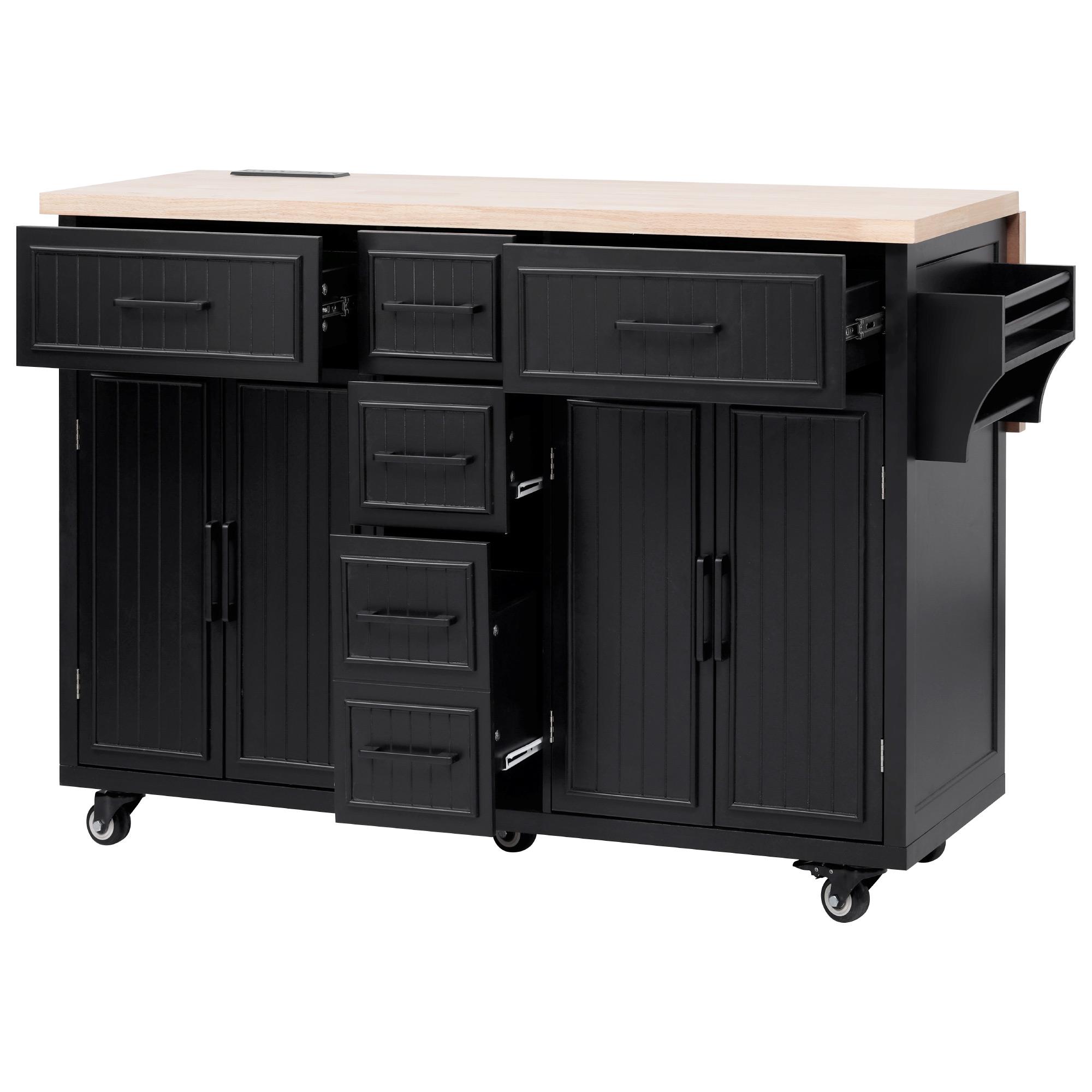 Kitchen Island with Drop Leaf and Power Outlet, Black | Aosom.com