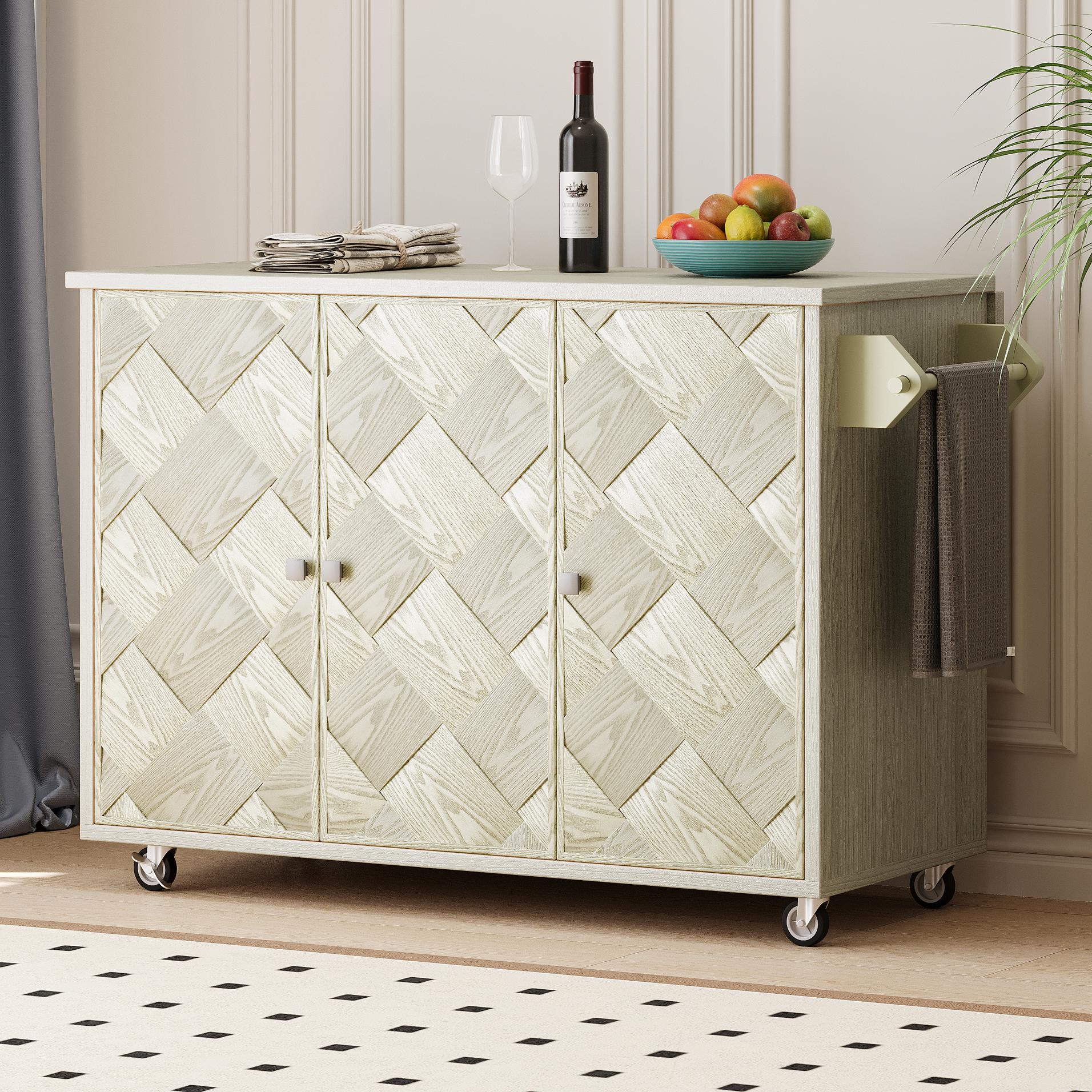 Kitchen Island Cart with Drop Leaf, Handwoven Ash Veneer Doors, Adjustable Shelves, and Lockable Wheels, 51" L x 29.5" W x 36" H, Champagne