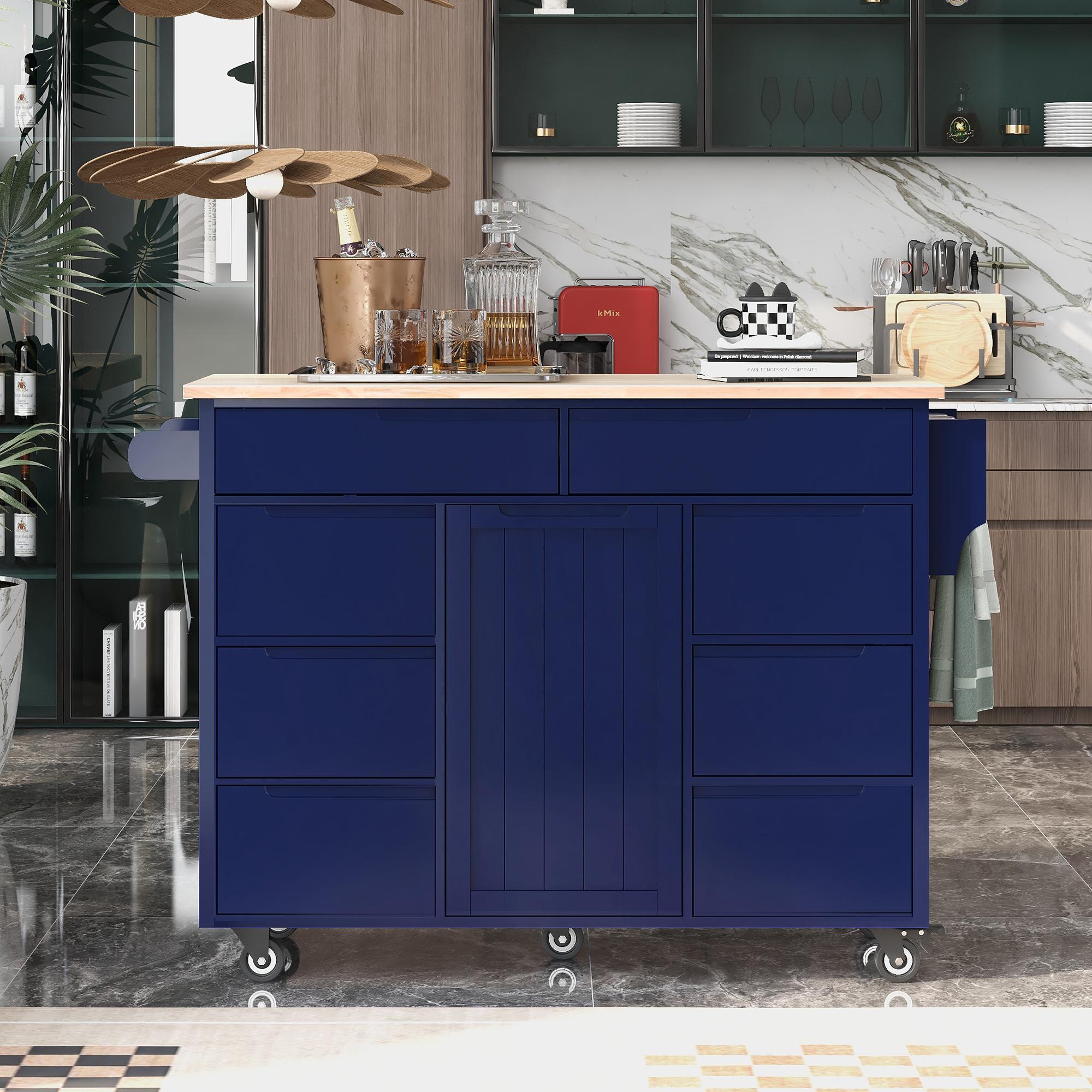 Mobile Kitchen Cart with 8 Handle-Free Drawers, 5 Wheels, Flatware Organizer, Central Island with Wood Countertop, 53" L x 18.5" W x 37" H, Blue