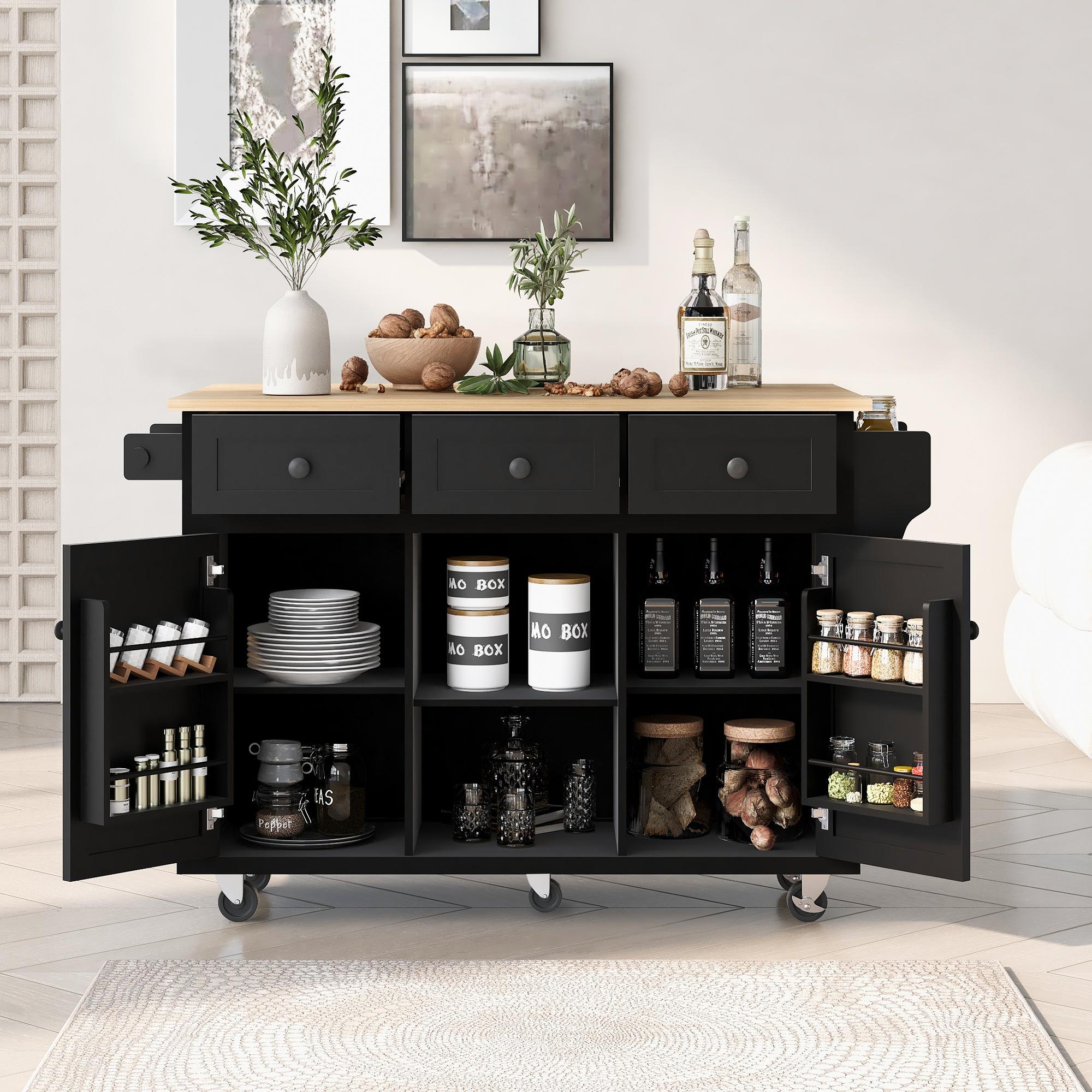 Kitchen Cart with 5 Wheels, 3 Drawers, Storage Cabinets, Central Island with Rubberwood Drop-Leaf Countertop, 53" L x 29.5" W x 37" H, Black