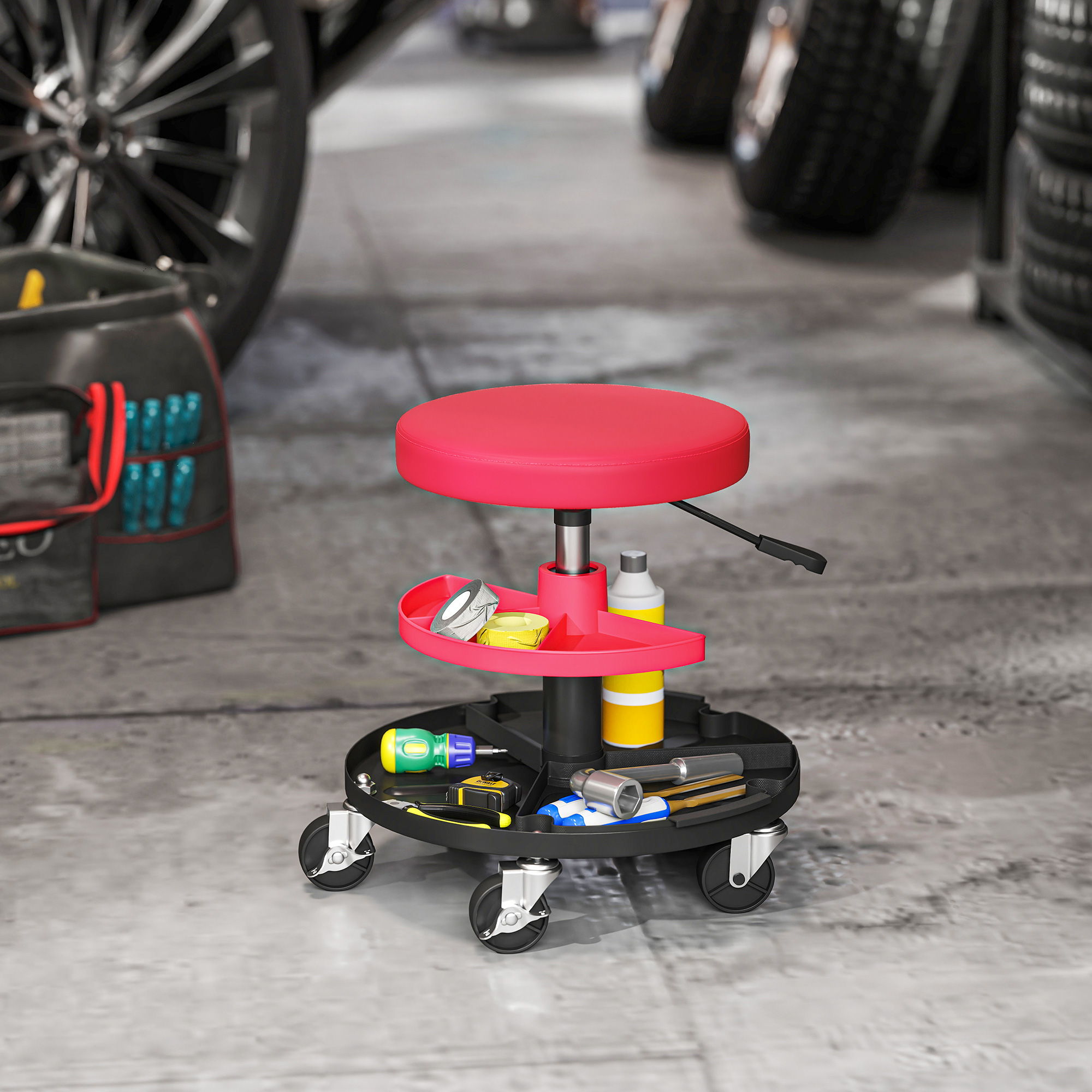 HOMCOM Rolling Garage Stool, 300 LBS Capacity Mechanic Stool with 2.5" Wheels, Tool Trays Storage, Adjustable Height, Red Aosom Canada