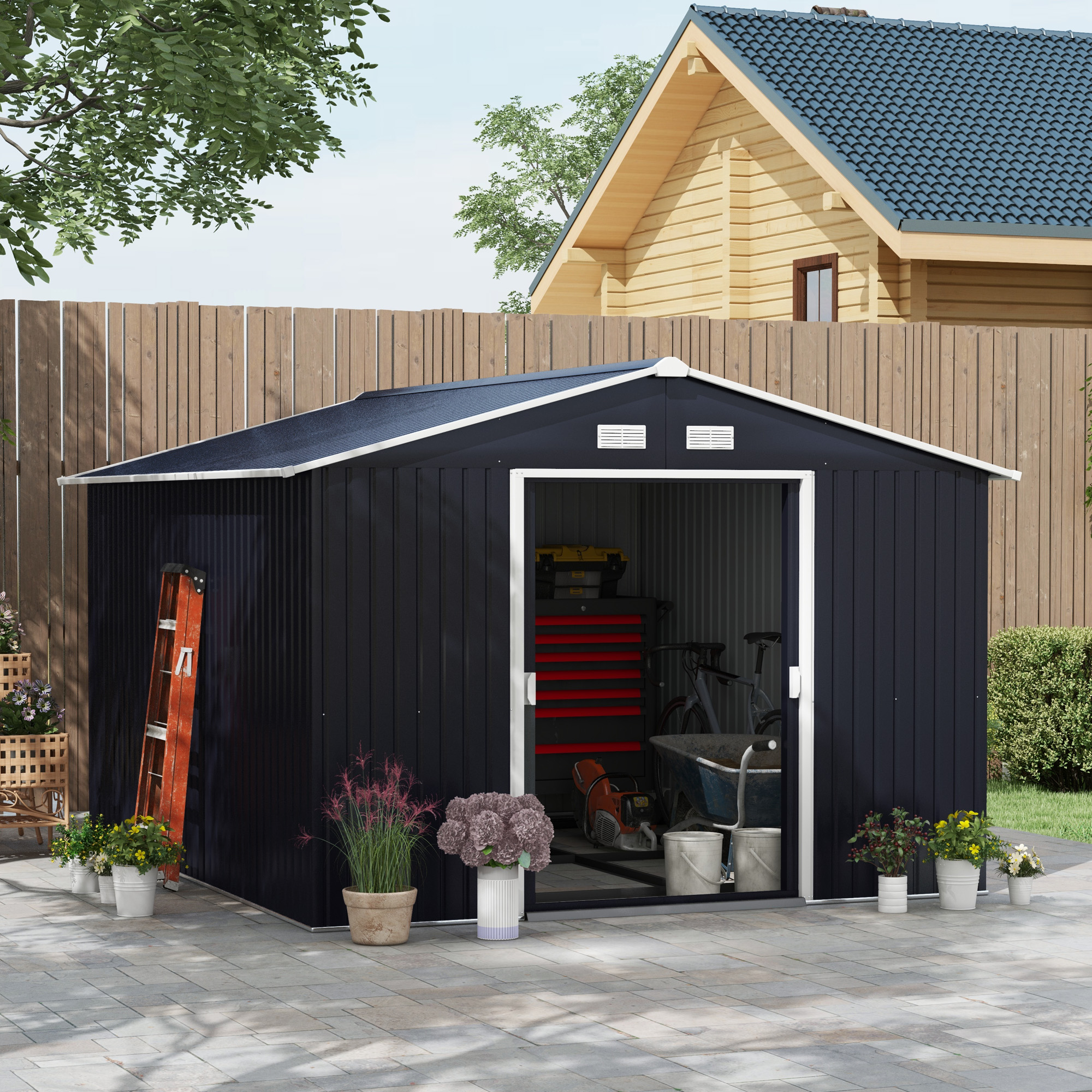 eRiNGo　0819 Outsunny 11' x 9' Metal Storage Shed Garden Tool House with