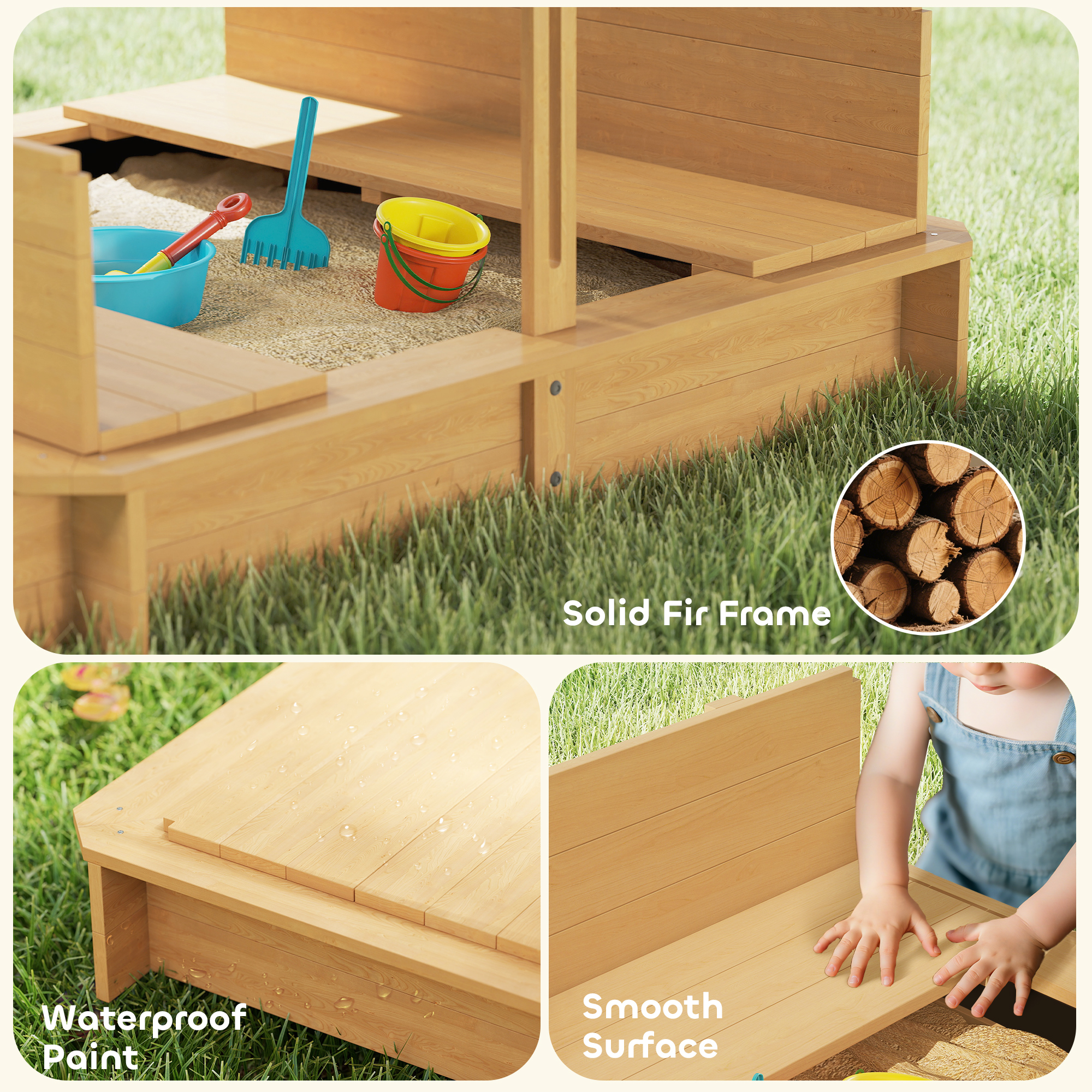 Outsunny Wooden Kids Sandbox with Cover, Sand Play Station with