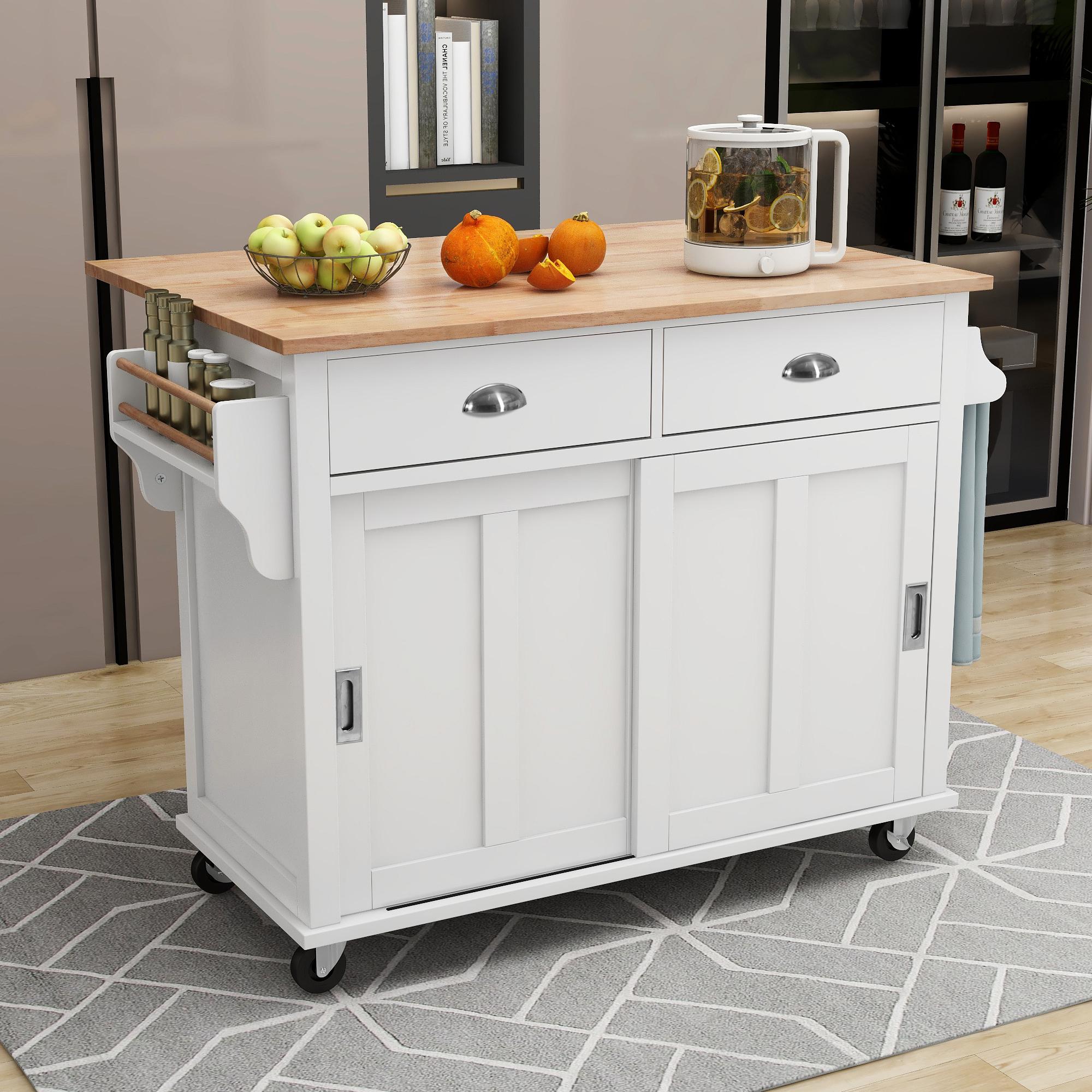 Kitchen Cart with Drop-Leaf Countertop, Sliding Barn Door, Cabinet and Drawers, Kitchen Island with 4 Wheels, 52" L x 30.5" W x 36.5" H, White