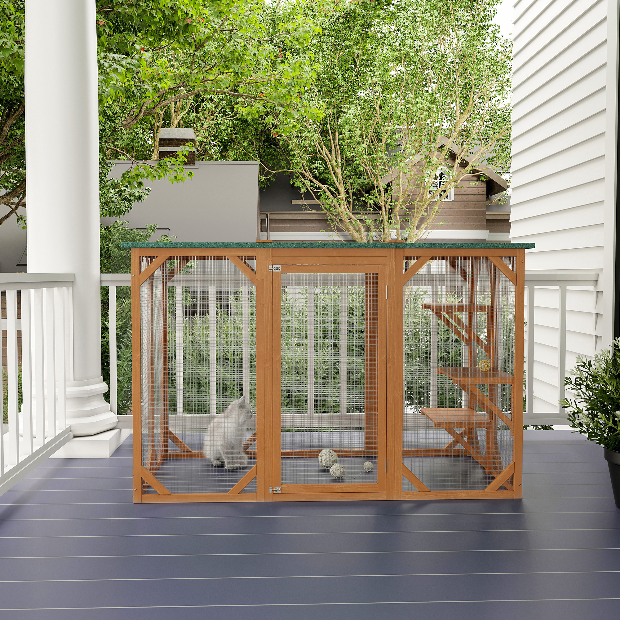 PawHut Cat Cage Wooden Enclosure Outdoor Pet House Small Animal