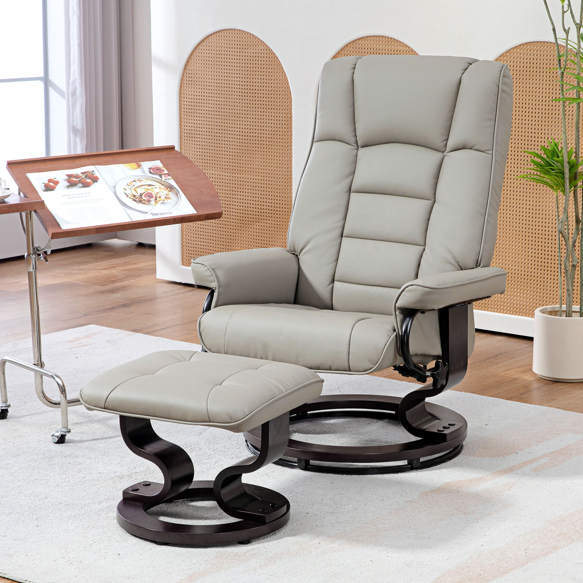 HOMCOM Swivel Recliner with Ottoman, Faux Leather Chair with Wood