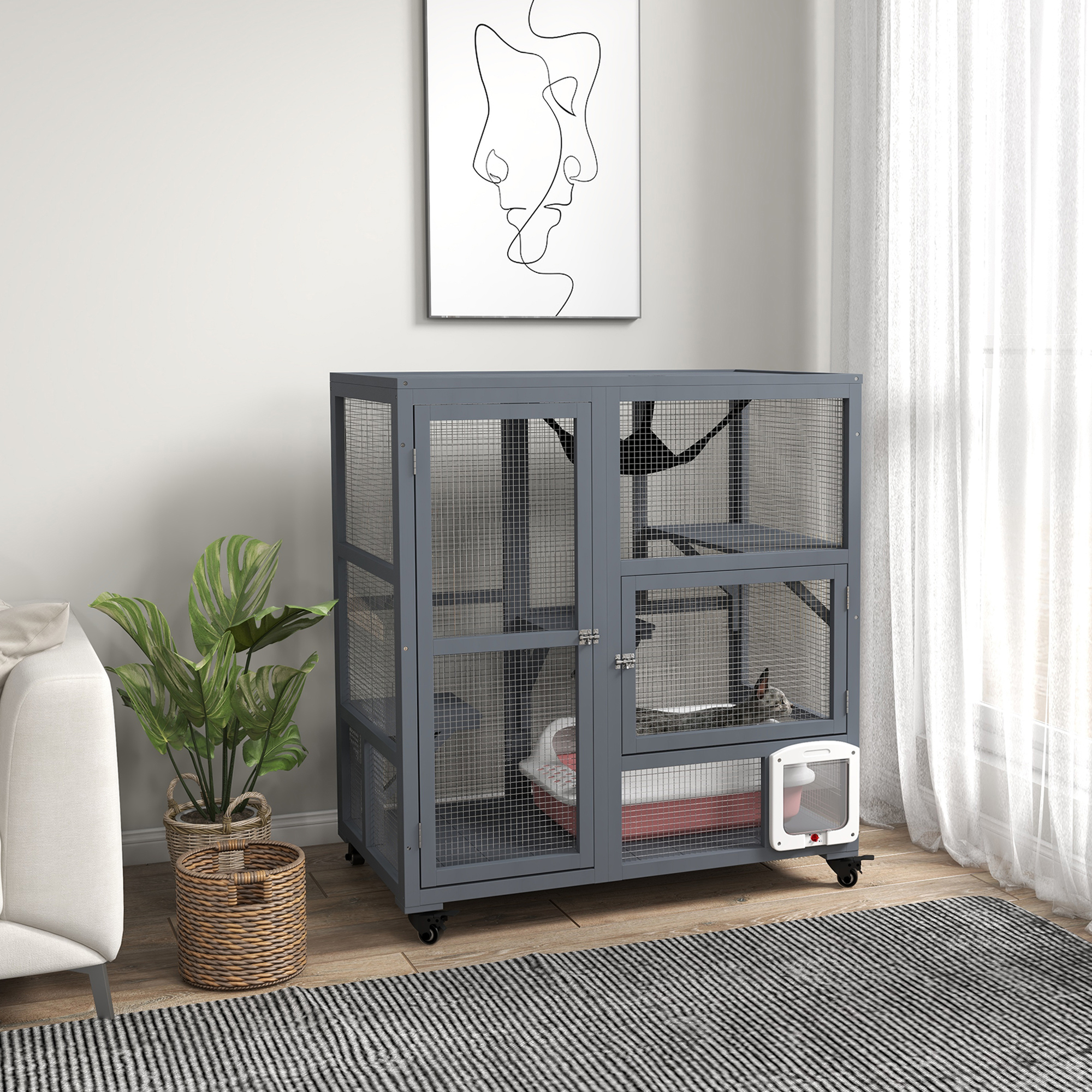 PawHut Cat House, Indoor Cat Enclosure on Wheels with Openable Top