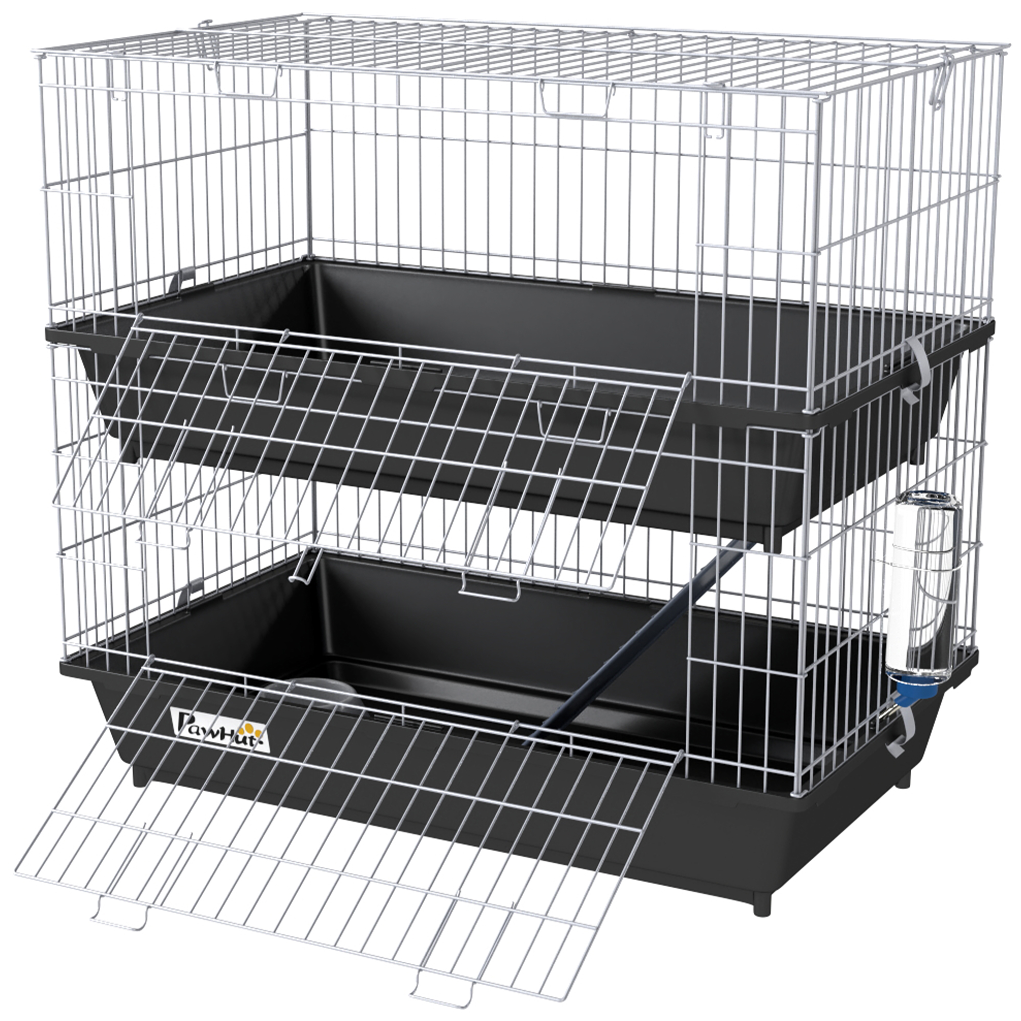 PawHut 2-Tier Small Animal Cage with 2 Doors, Trays, Dish, Bottle, and Ramp for Bunny, Ferret, Chinchilla, Black