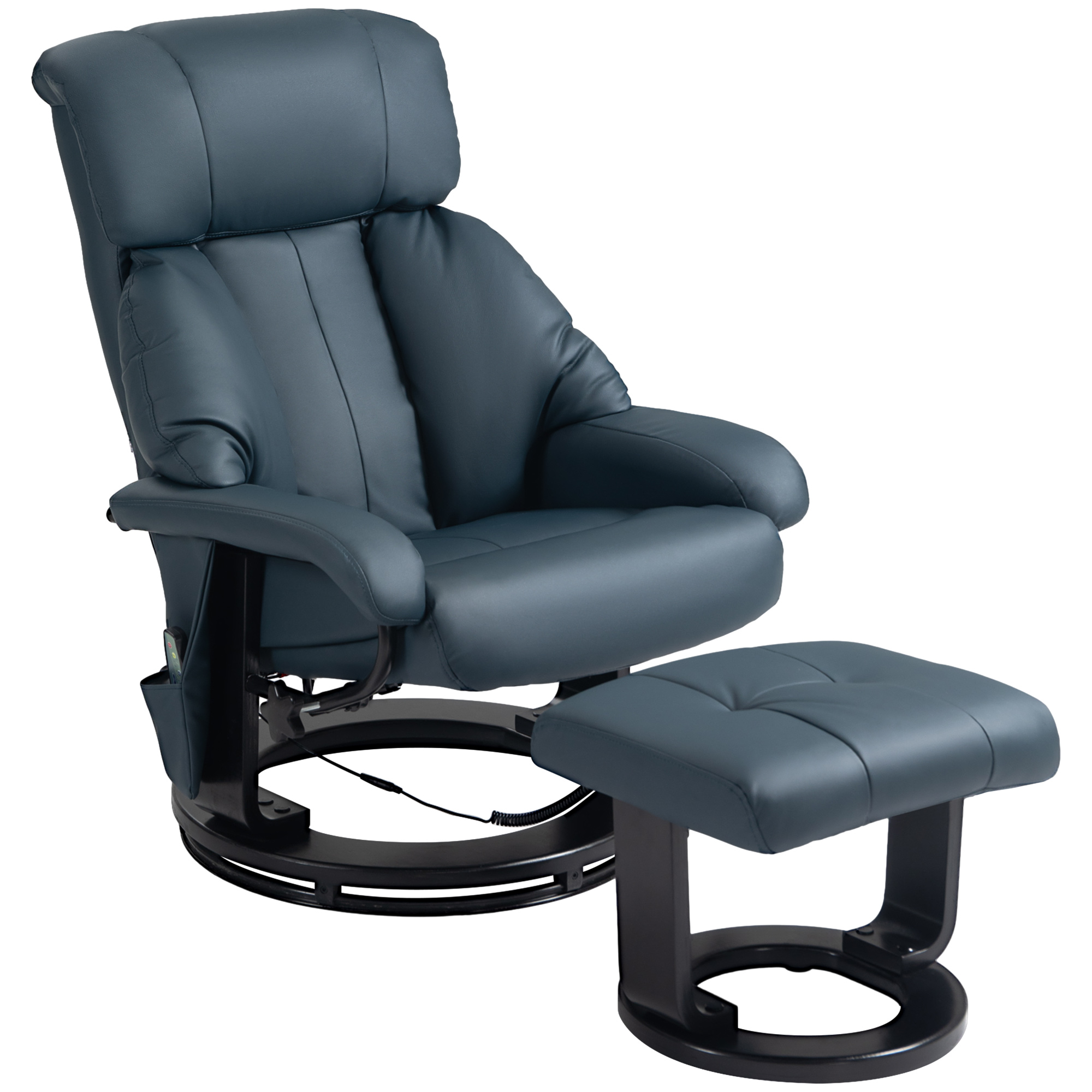 HOMCOM Swivel Recliner with Ottoman, Faux Leather Reclining Chair with Massage, Footstool Remote and Side Pocket, Blue