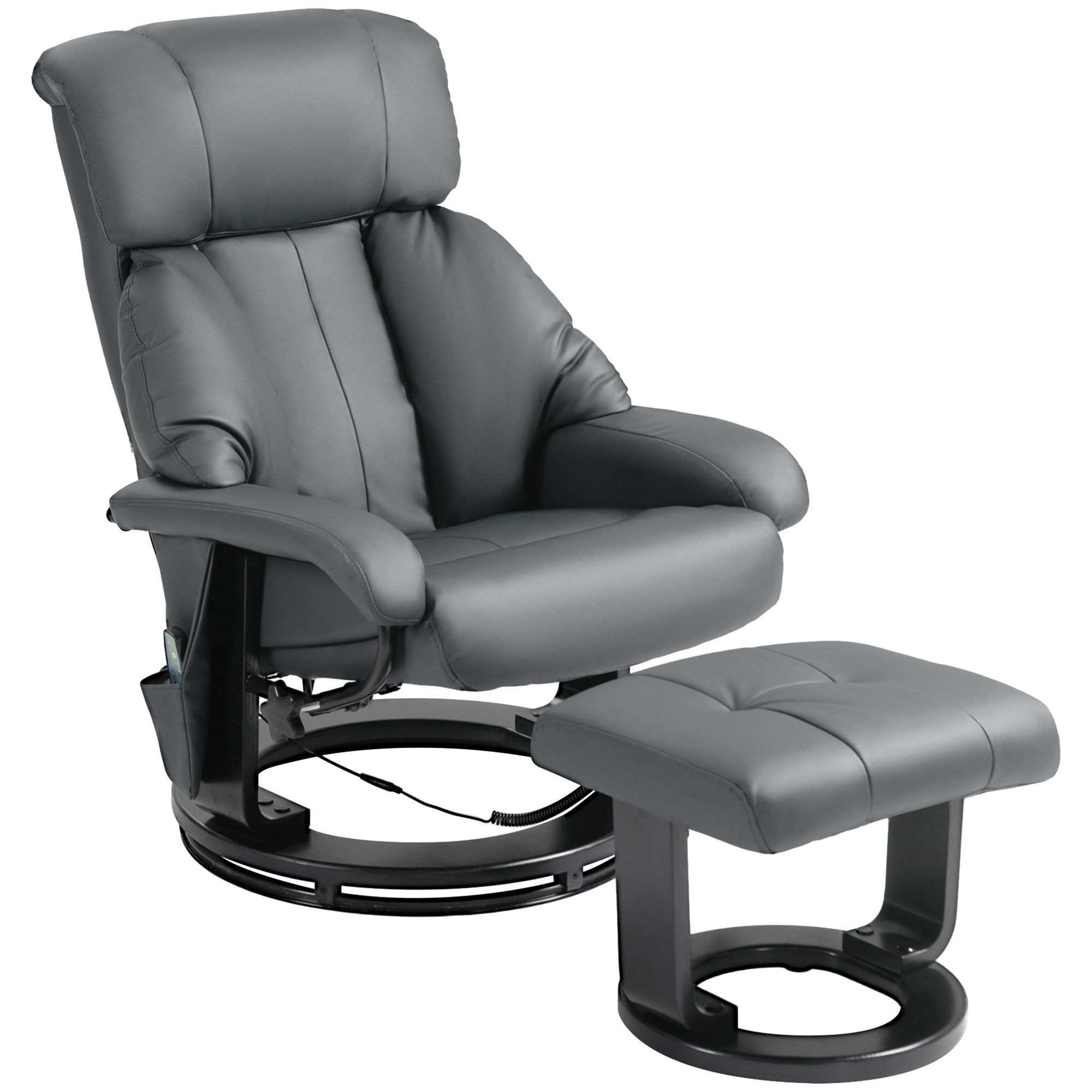 HOMCOM Swivel Recliner with Ottoman, Faux Leather Reclining Chair with Massage, Footstool Remote and Side Pocket, Gray