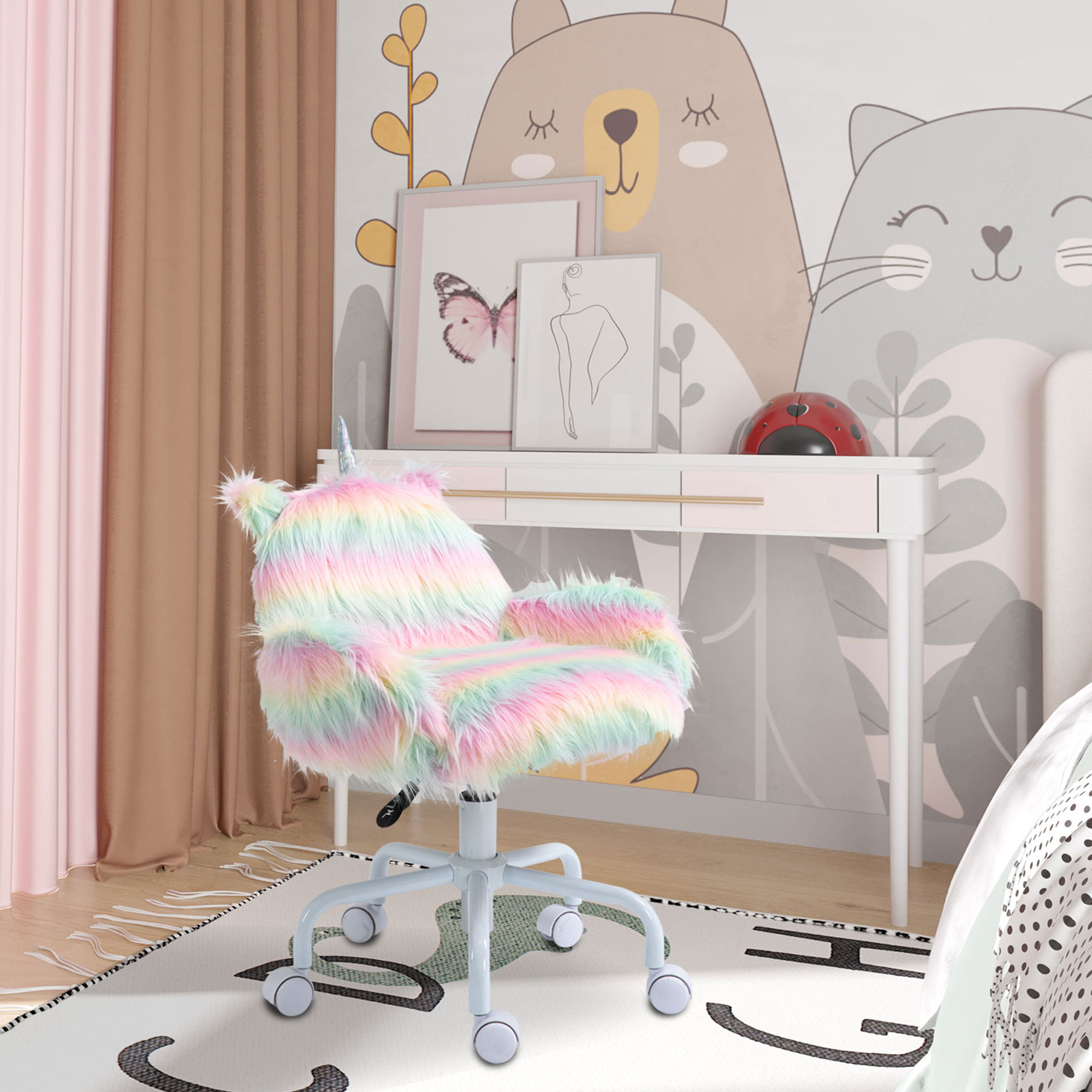 HOMCOM Computer Chair, Fluffy Unicorn Office Chair with Mid-Back