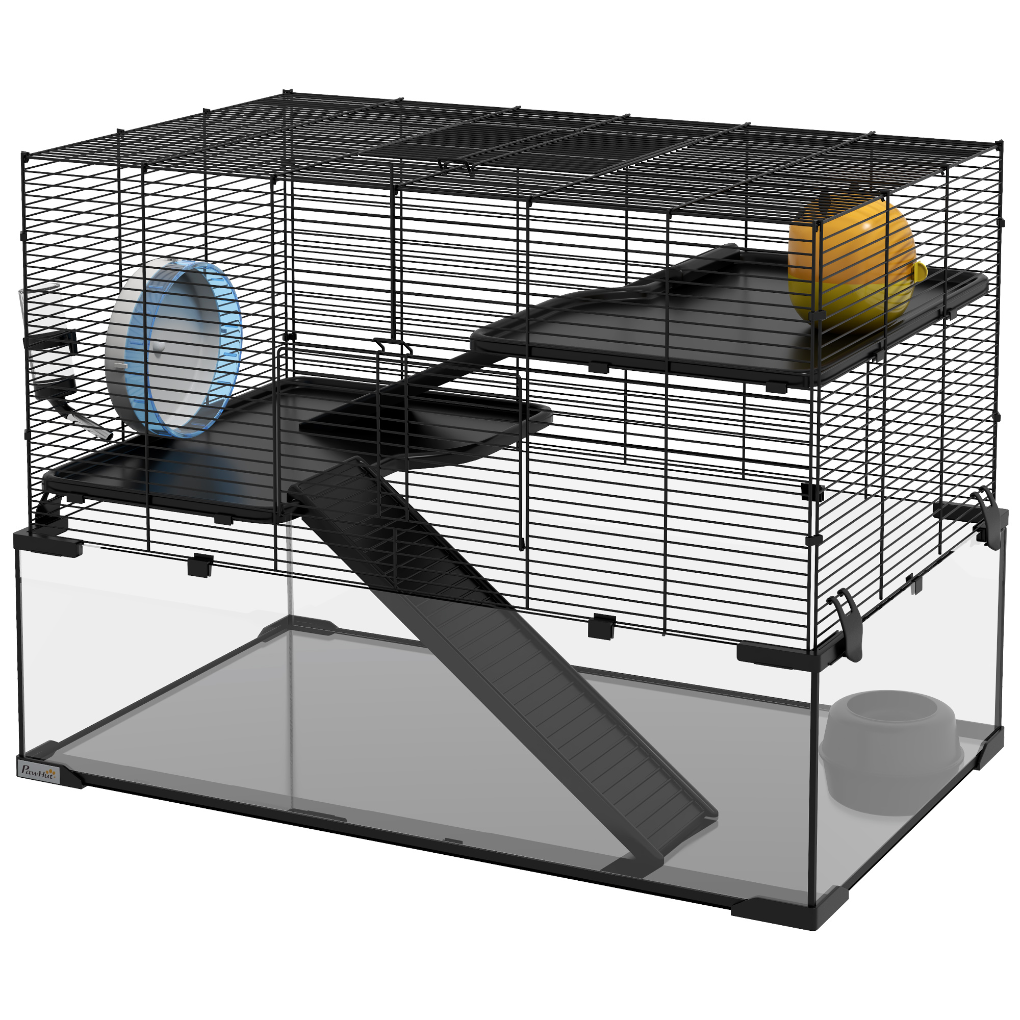 PawHut 31" Hamster Cage, Gerbil Cage with Glass Basin for Small Hamsters, Black