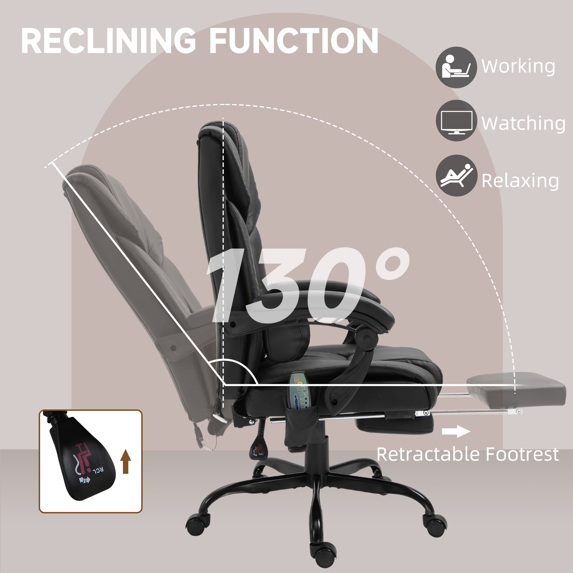 Vinsetto Massage Office Chair with Retractable Footrest and Remote
