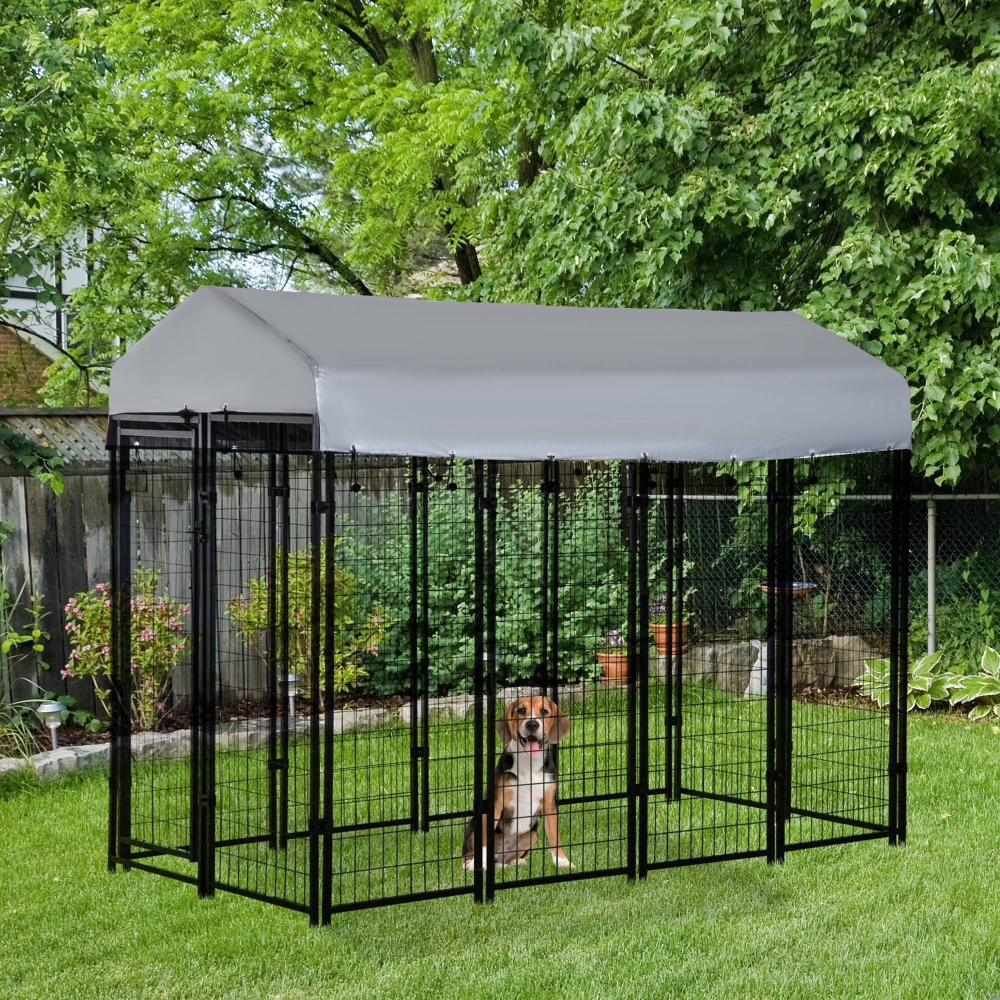 PawHut Galvanized Metal Dog Pen with Roof 97' x 46', Black and