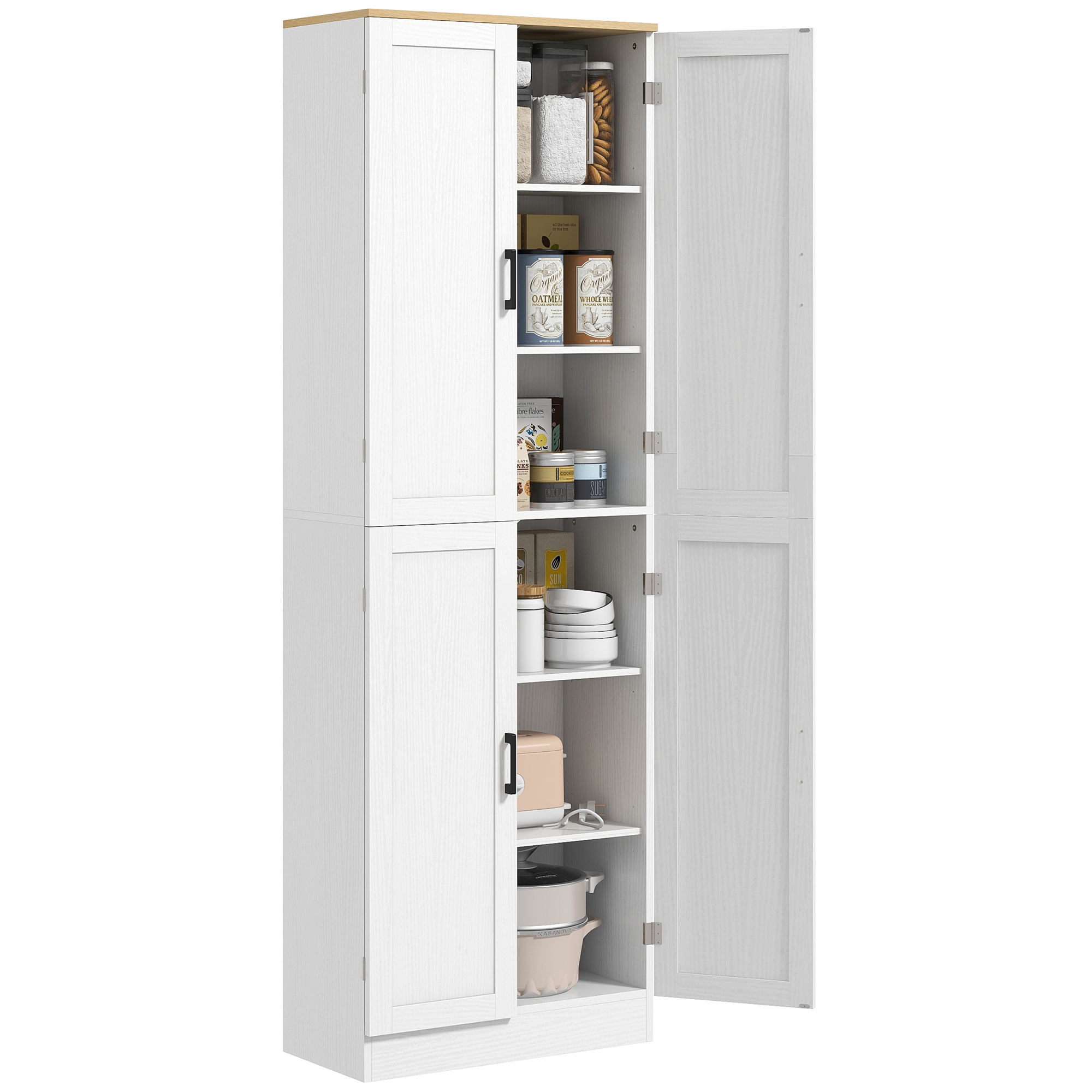 HOMCOM Freestanding Kitchen Pantry, 4-Door Kitchen Pantry Cabinet with Adjustable Shelves and Doors, Distressed White