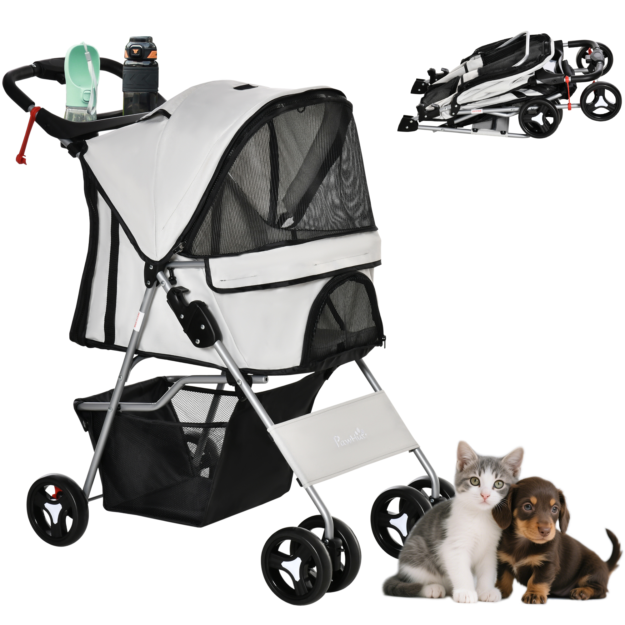 One-click Foldable Animal Stroller w/Cup Holder, Feline Canine Stroller, 4 Castors Travel Carrier w/Brakes, 360° Swiveling Front Castors, Organizer Container, for XS/Compact Dogs Cats, Grey 1