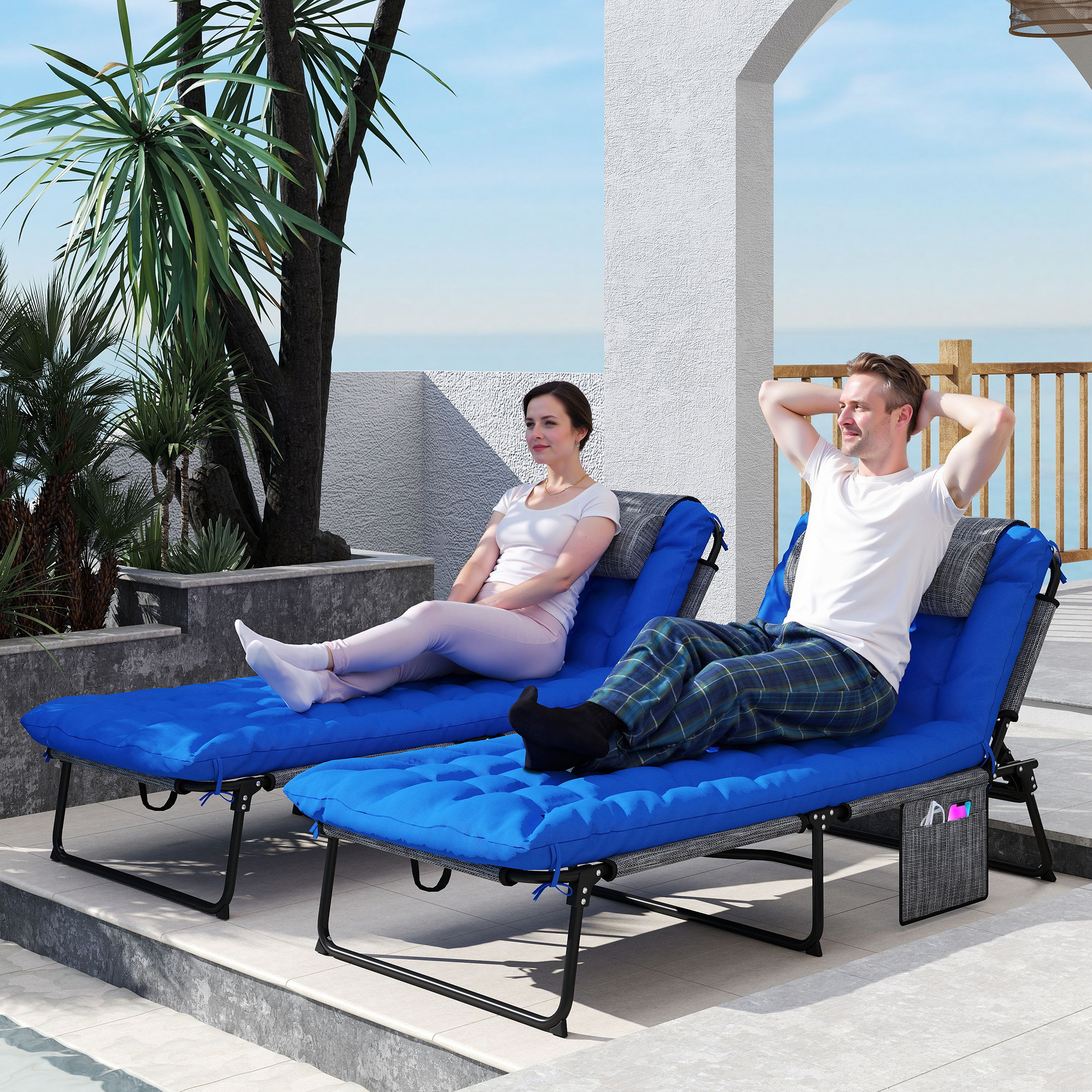 Outsunny 2 Pieces Folding Lounge Chairs with 4-level Reclining Back, Tanning Chair with Cushion, Sun Lounger with Breathable Mesh Fabric Aosom Canada