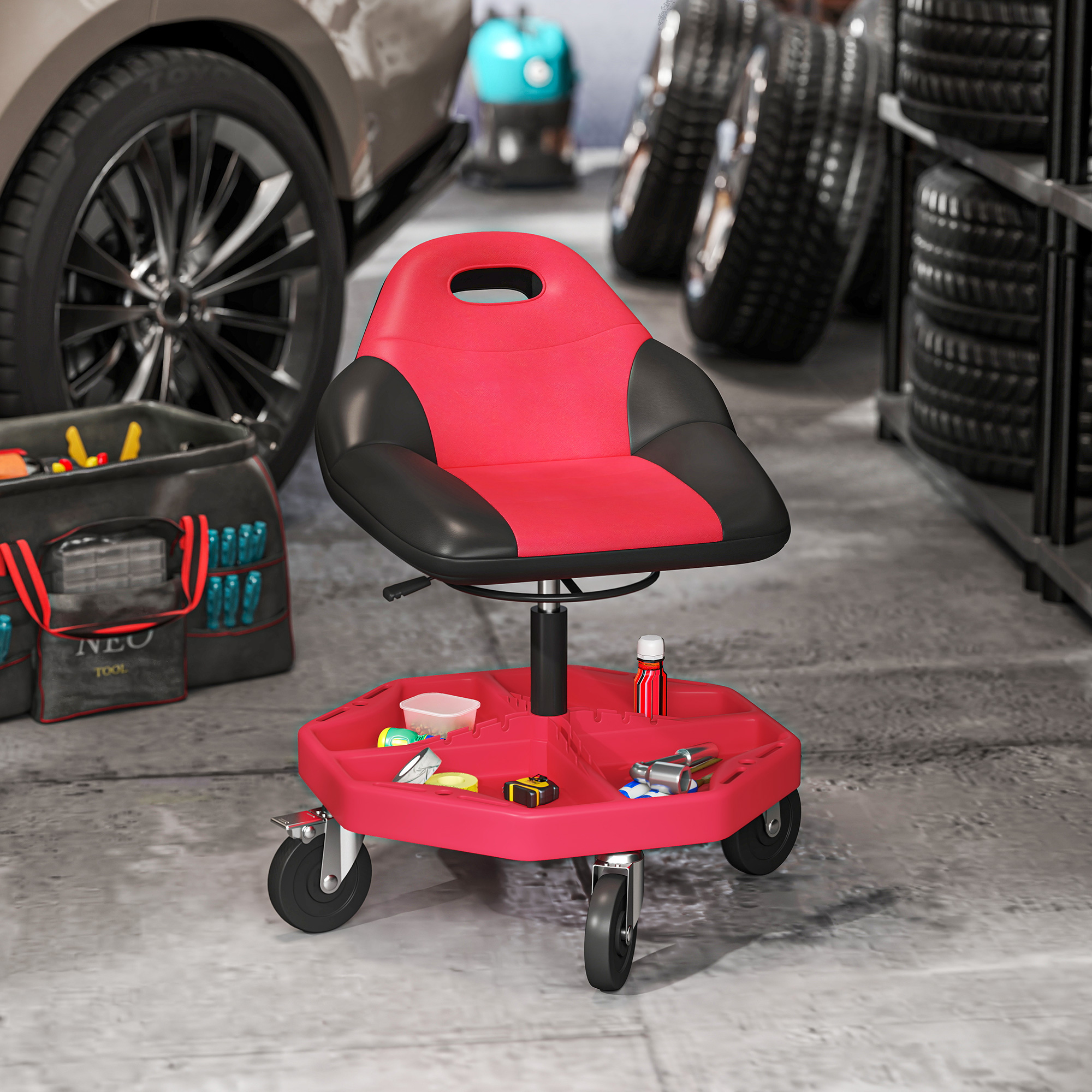 HOMCOM Rolling Garage Stool, 300 LBS Capacity Mechanic Stool with 5" Wheels, Tool Tray Storage, Adjustable Height, Red Aosom Canada