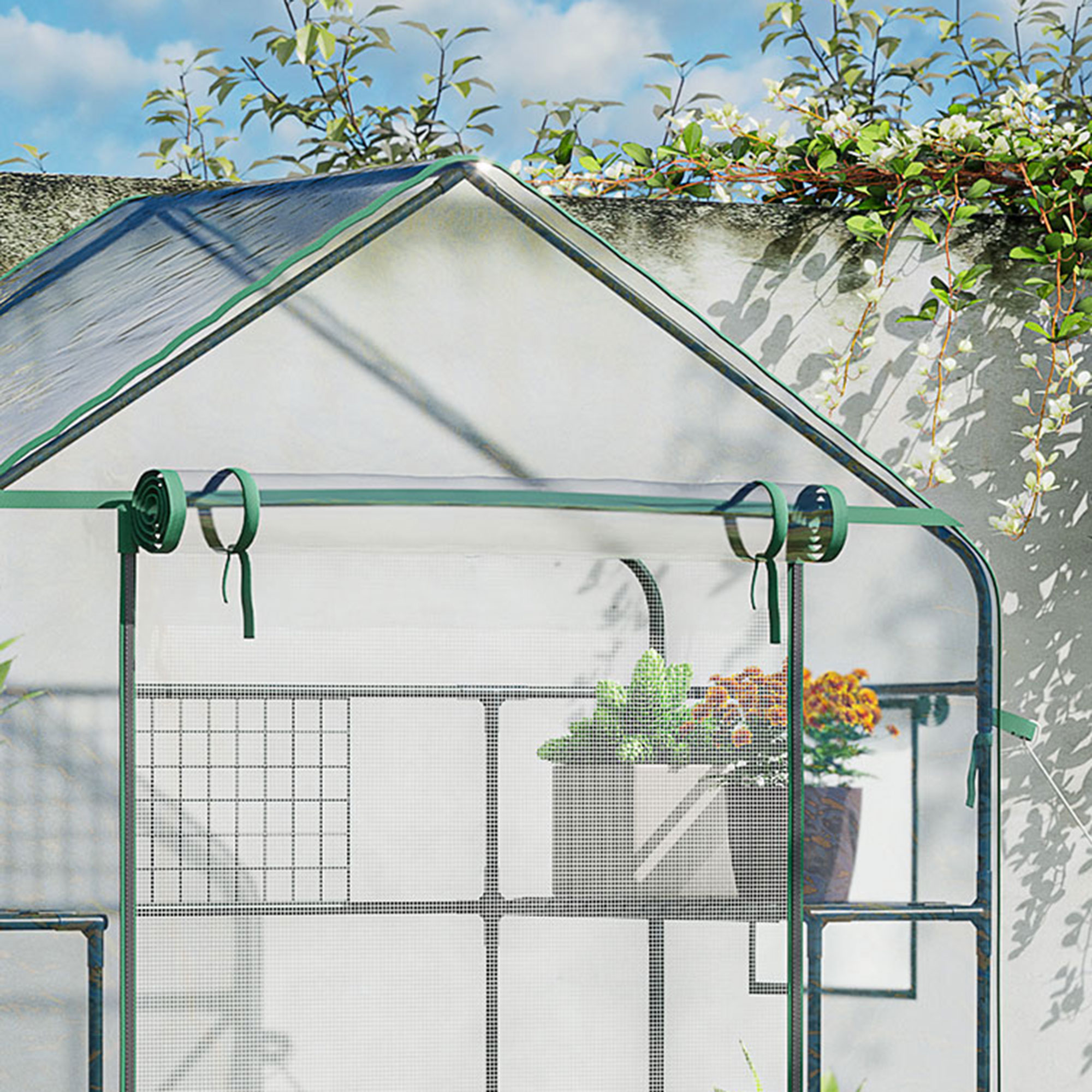 Outsunny 8' X 6' X 7' Walk-in Greenhouse - 18 Shelf Plant Greenhouse With Mesh Door, Windows & Trellis, UV Protective Cover For Vegetables & Flowers