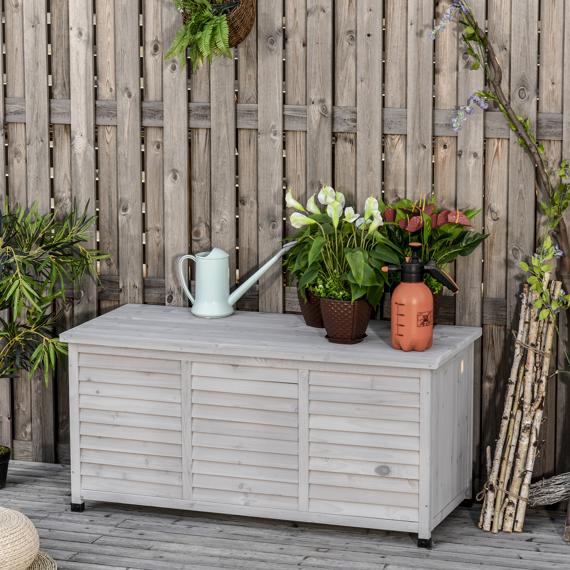 Outsunny 75 Gallon Wooden Deck Box, Outdoor Storage Container with Aerating Gap & Weather-Fighting Finish, Grey Aosom Canada