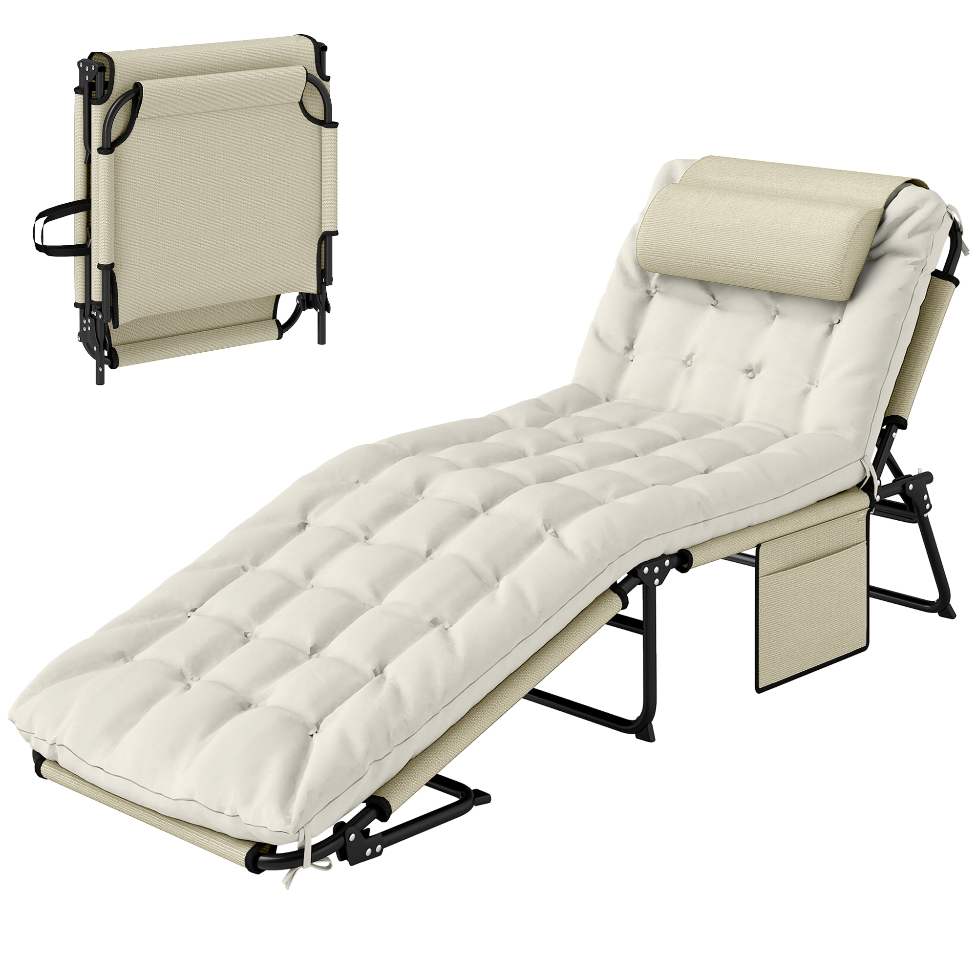 Outsunny Folding Chaise Lounge Pool Chair with 4-level Reclining Back, Cushion, Side Pocket, Headrest, Beige