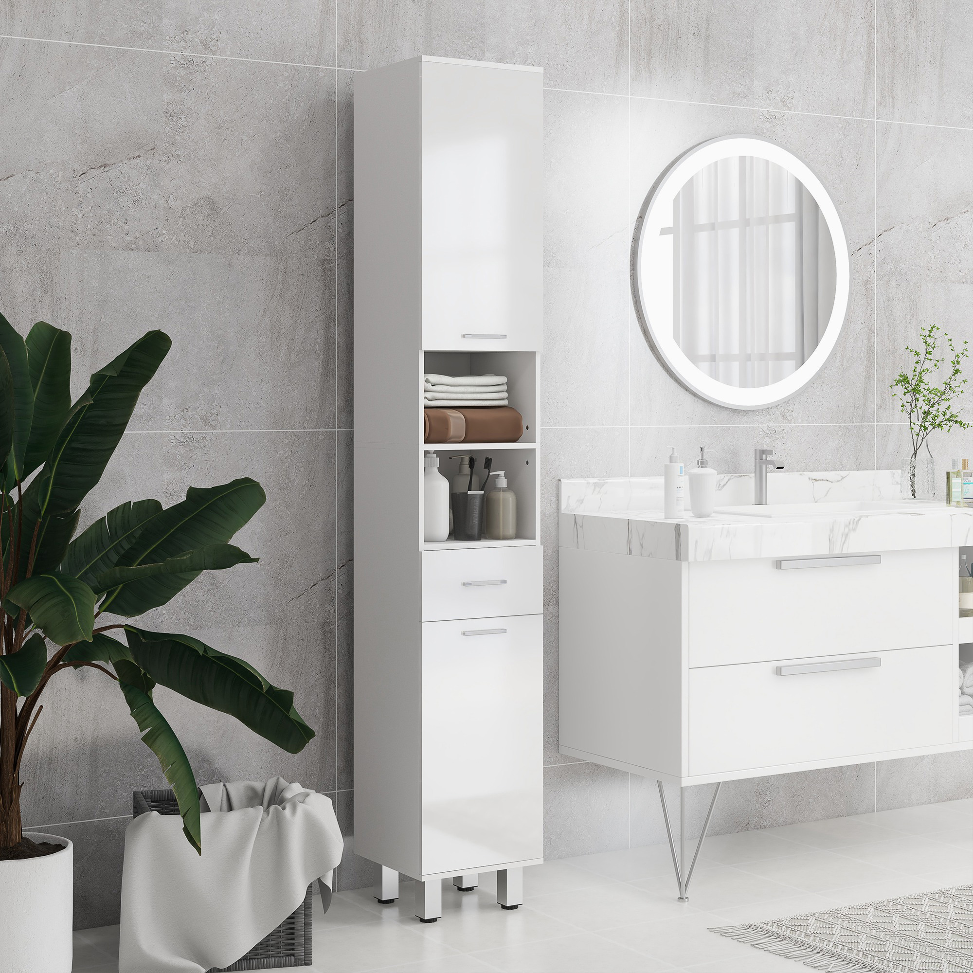 kleankin Tall Bathroom Cabinet: Narrow Unit with Open Shelves, 2 Doors & Toilet Paper Storage, White Aosom Canada
