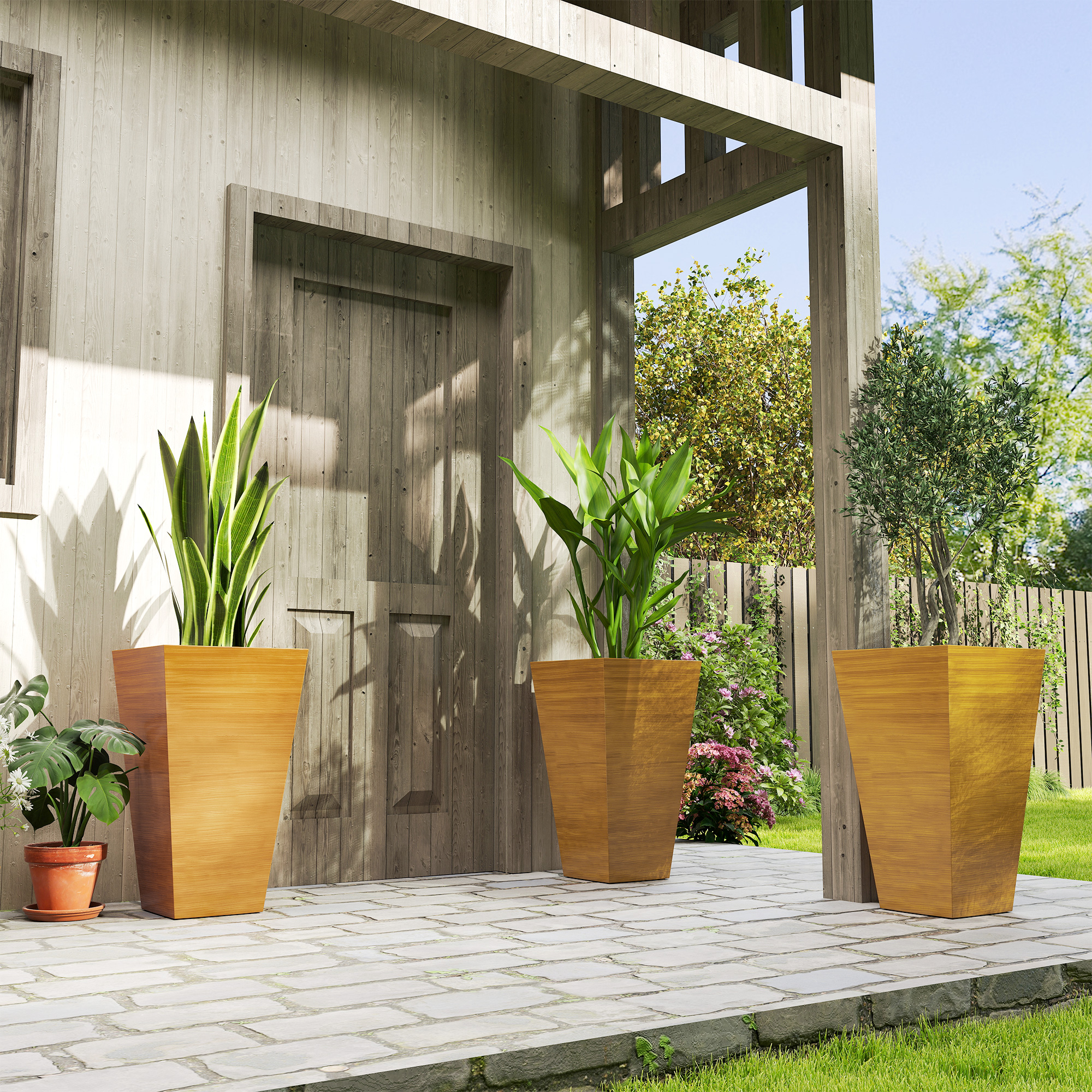 Outsunny Set of 3 Tall Planters, 22" Outdoor Planter with Drainage Holes, Plastic Flower Pots for Outdoor, Indoor, Brown