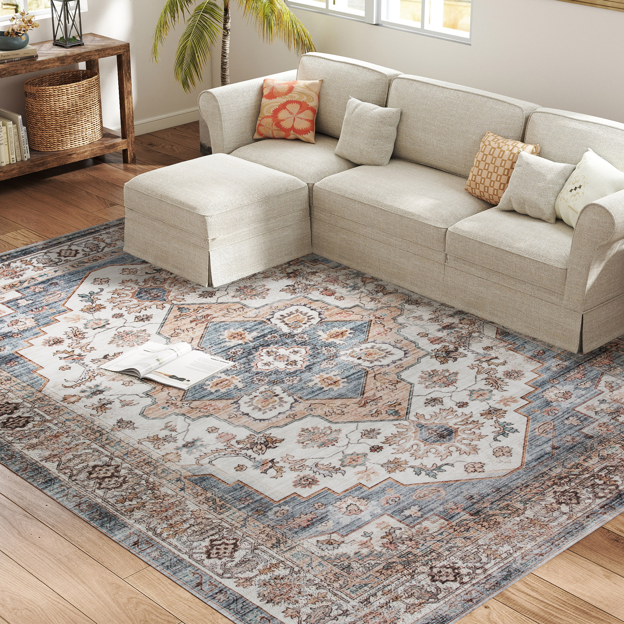 HOMCOM 8x10 Area Rug, Vintage Machine Washable Rug, Non-Slip Carpet for Living Room, Bedroom, Dining Room, Brown & Light Blue