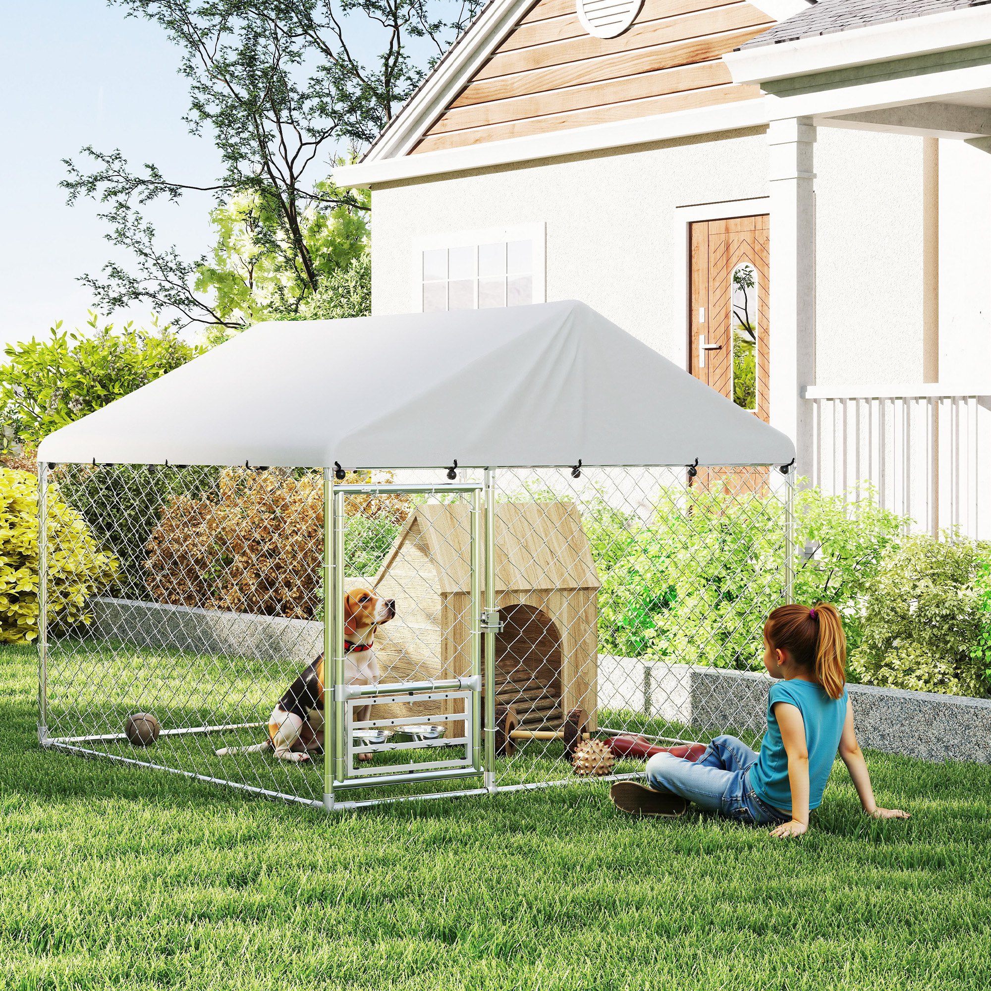 PawHut Outdoor Dog Run w/ Adjustable & Rotating Bowls, Waterproof UV-Resistant Cover, Secure Lock, 6.6' x 6.6' x 5.1' Aosom Canada