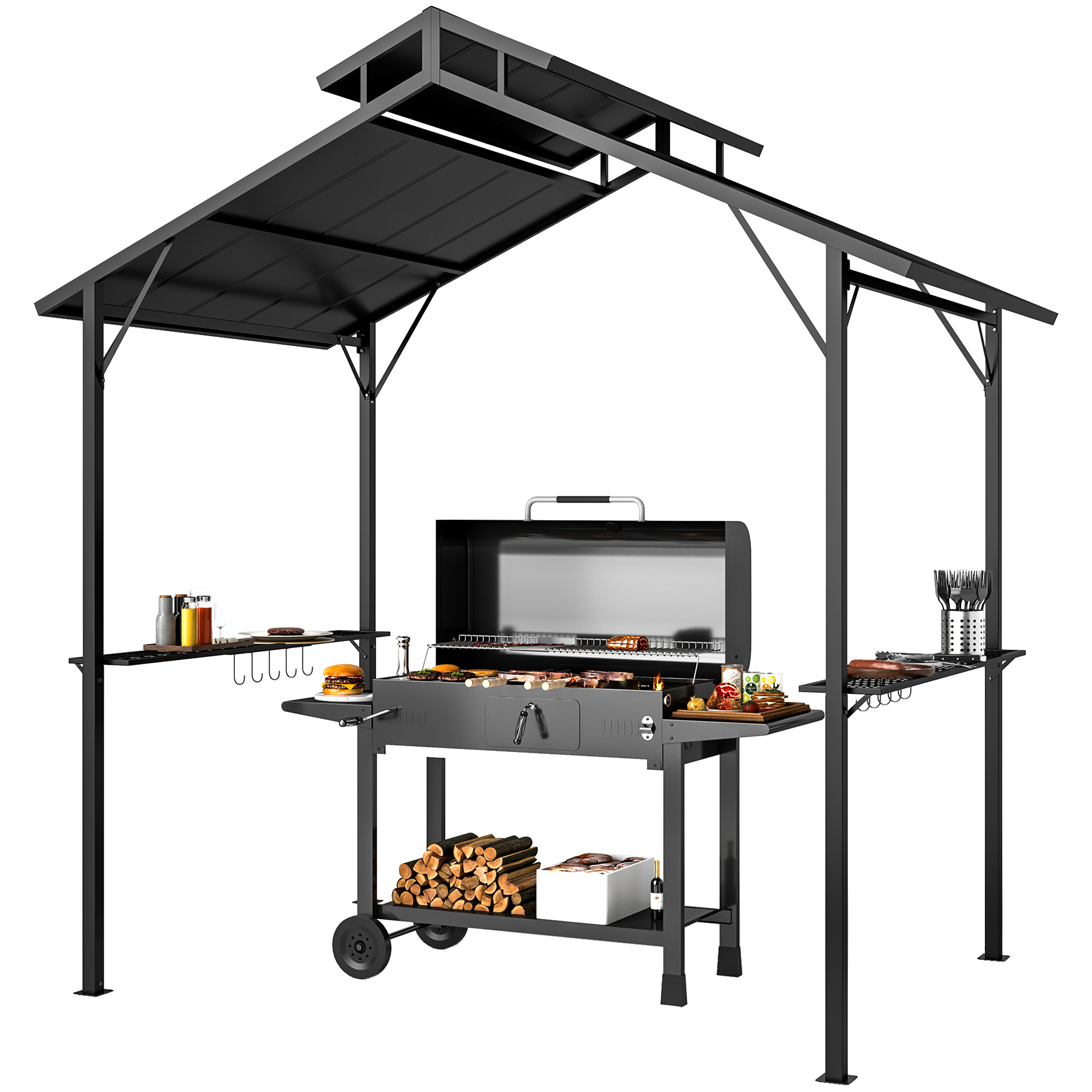 Outsunny 8 x 5ft Hardtop Grill Gazebo with Double Metal Roof, 2 Side Shelves and 10 Hooks for Patio Backyard Lawn Deck | Aosom.com